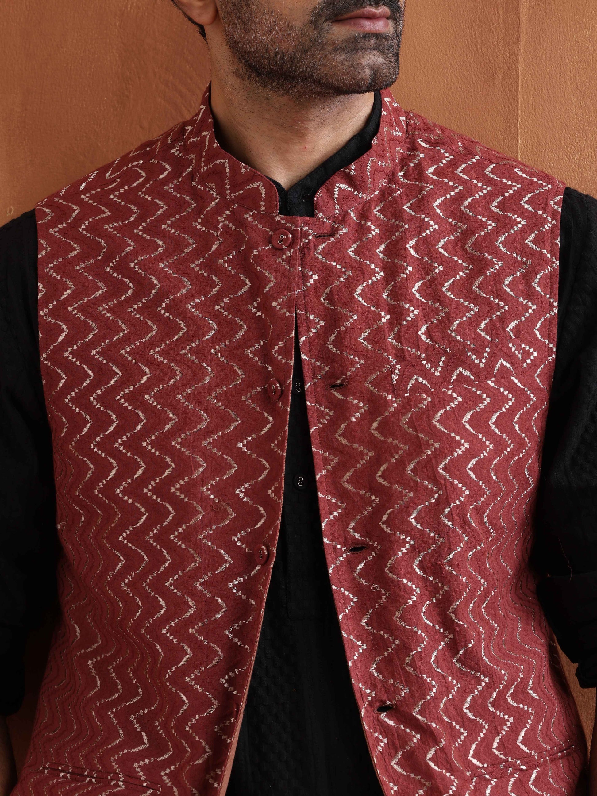 trueBrowns Men's Rust Cotton Dobby Nehru Jacket | Swadesiicart