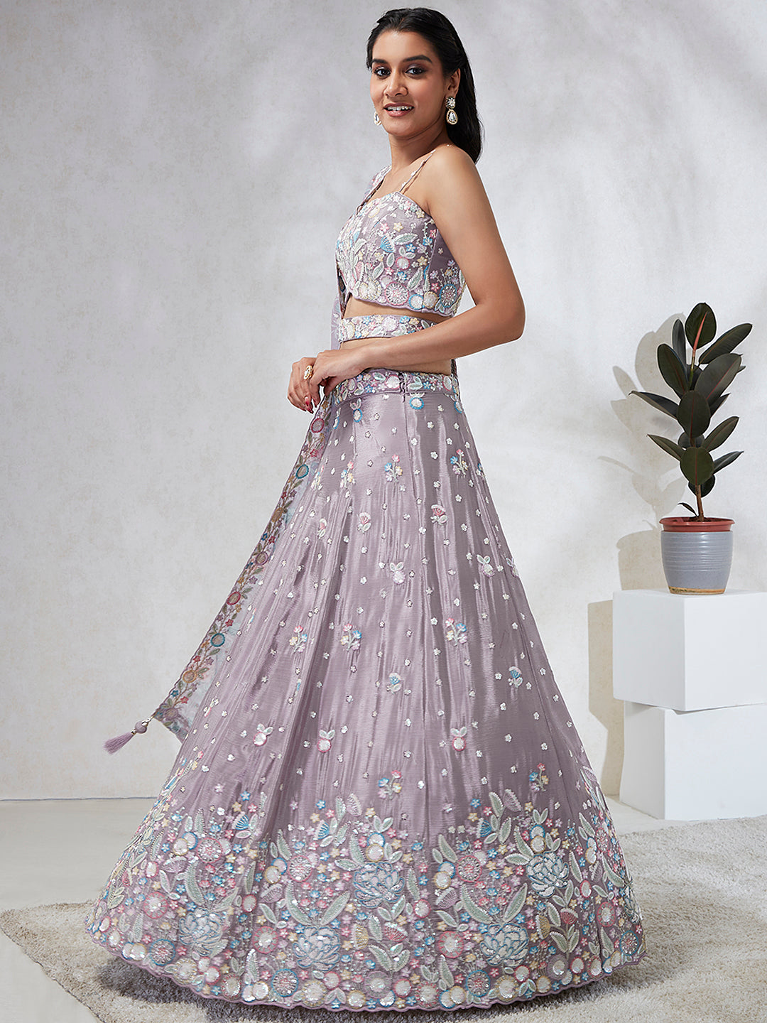 House of Panchhi Mauve Chiffon Sequins And Thread Embroidery Lehenga Choli & Dupatta | Swadesiicart