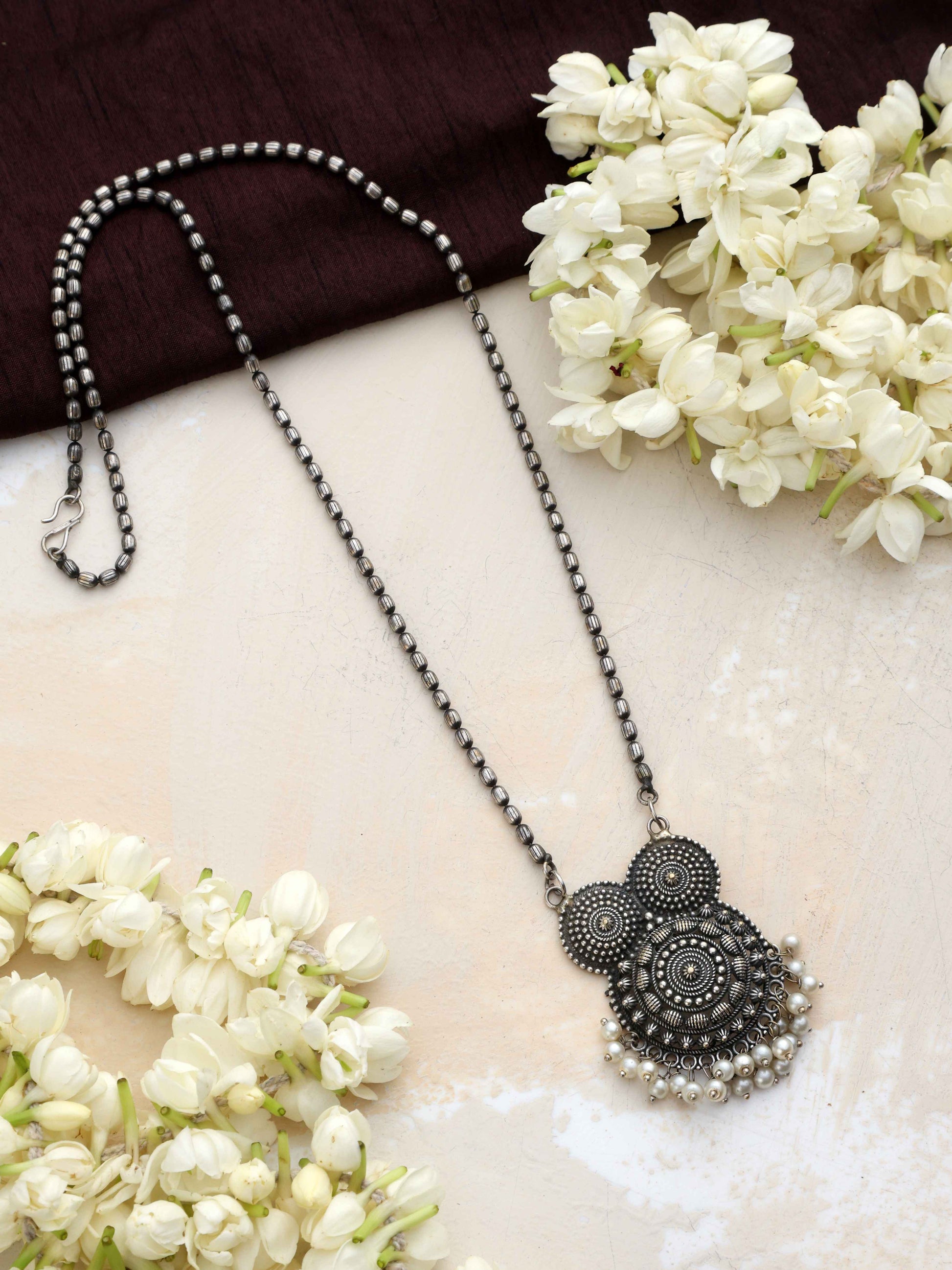 trueBrowns Silver Tone Pearl Drop Pendant Chain | Swadesiicart