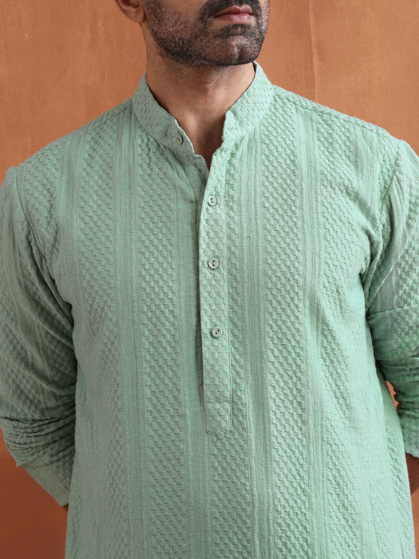 trueBrowns Men's Green Cotton Dobby Kurta | Swadesiicart