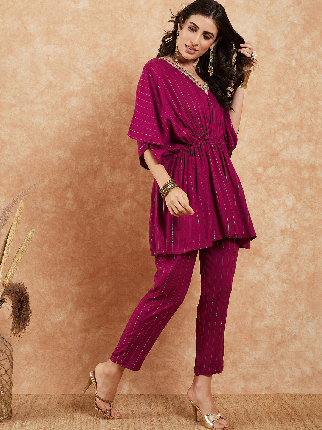 InWeave Women's Magenta Lurex V Neck Gota Kaftan Style Kurta Set - Swadesiicart