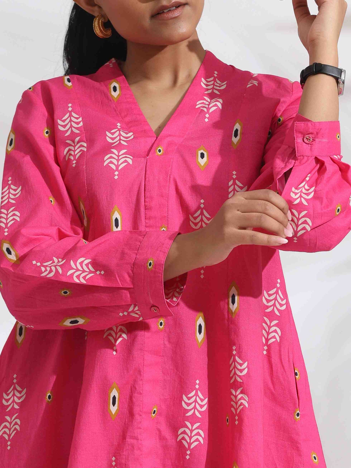 trueBrowns Pink Cotton Print Flared Top Co-ord Set - Swadesiicart
