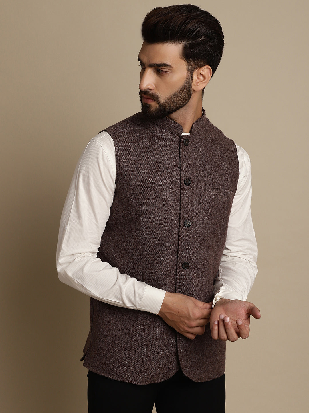Even Apparels Men's Brown Mandarin Collar Waistcoat | Swadesiicart