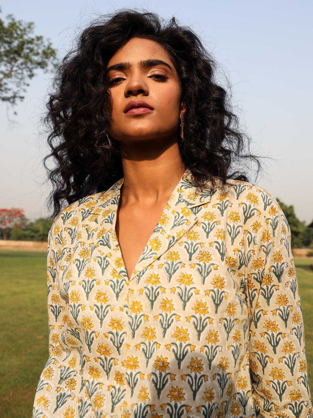 trueBrowns Light Sage Cotton Block Print Lapel Shirt Co-Ord Set - Swadesiicart