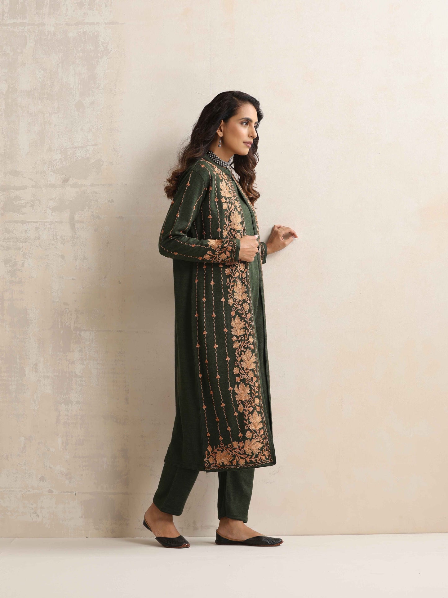 trueBrowns Green Kashmiri Woollen Jacket 3pc Set | Swadesiicart