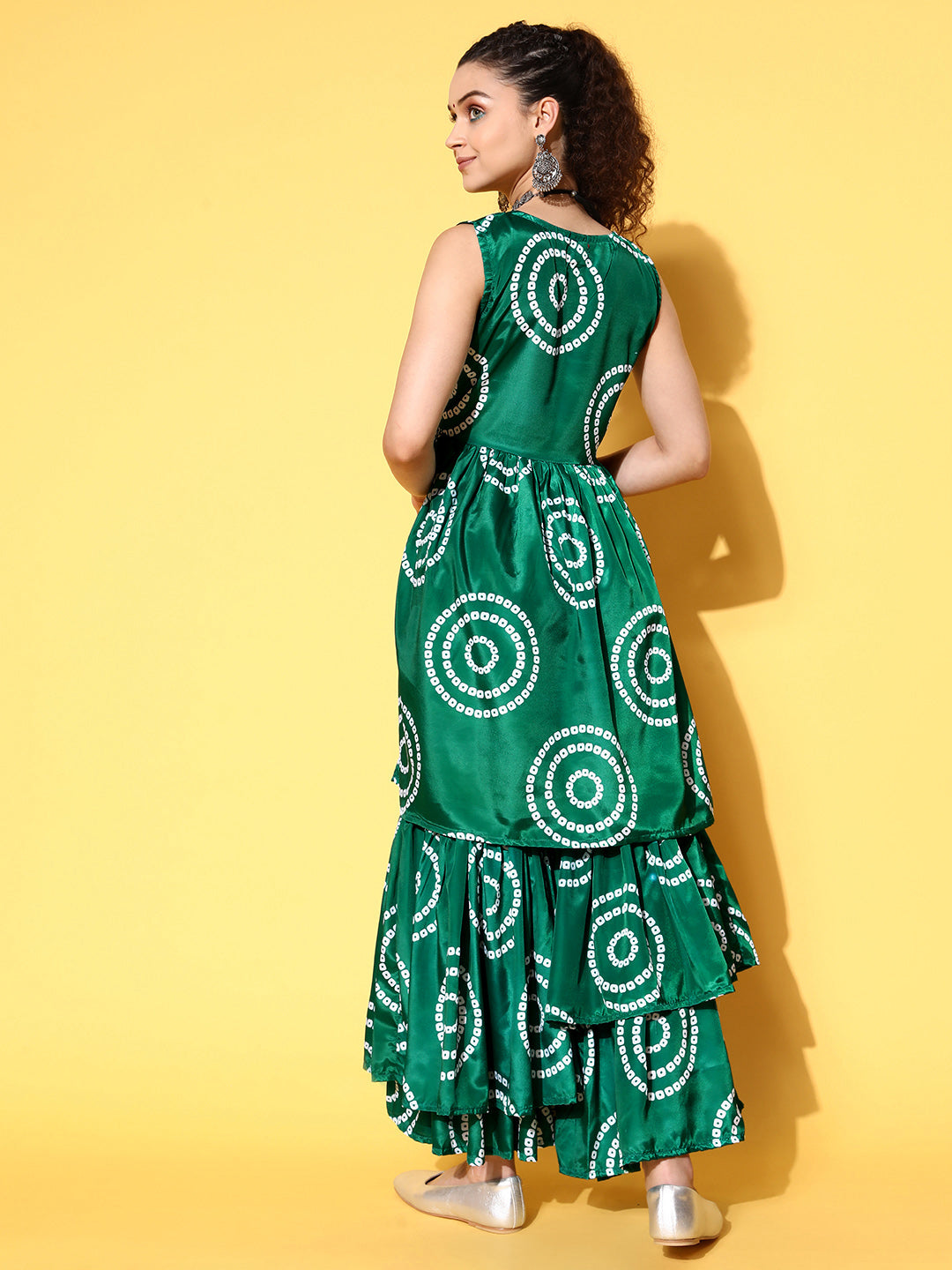 InWeave Women's Green Bandhani Motif Tiered Sharara Set - Swadesiicart