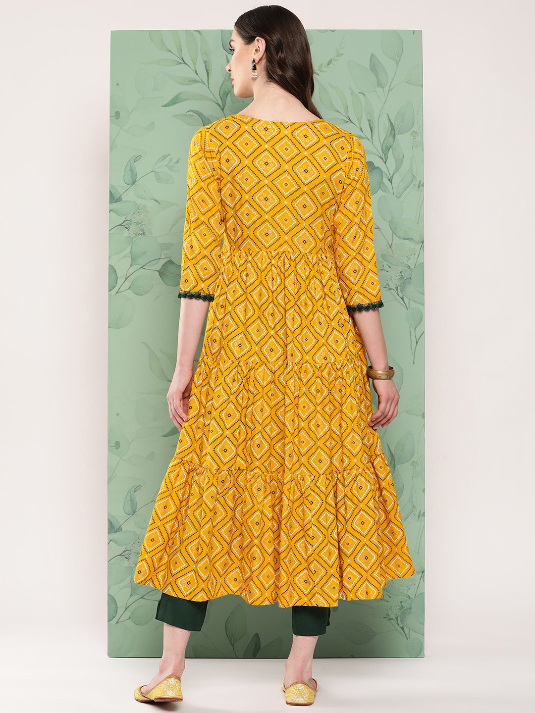 InWeave Women's Green Top Bottom W Mustard Bandhej Long Shrug Set - Swadesiicart