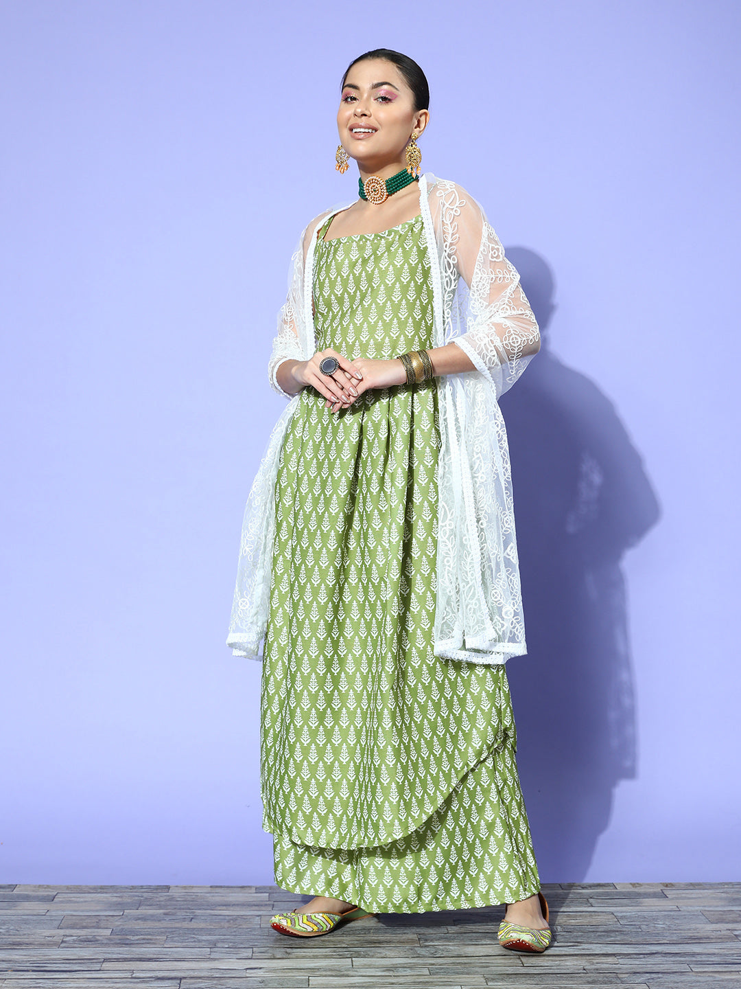 InWeave Women's Green Small Boota Print Strappy Set With Dupatta - Swadesiicart
