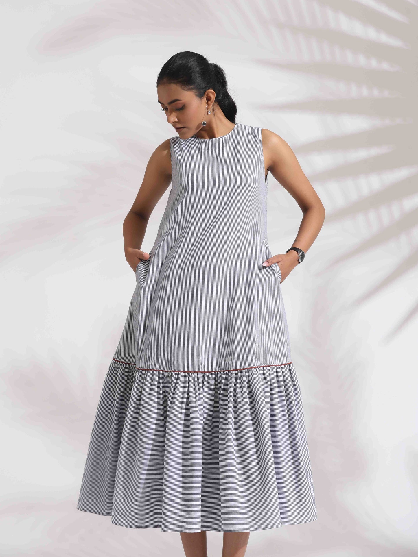 trueBrowns trueBrown Grey Cotton Stripe Tier Dress | Swadesiicart