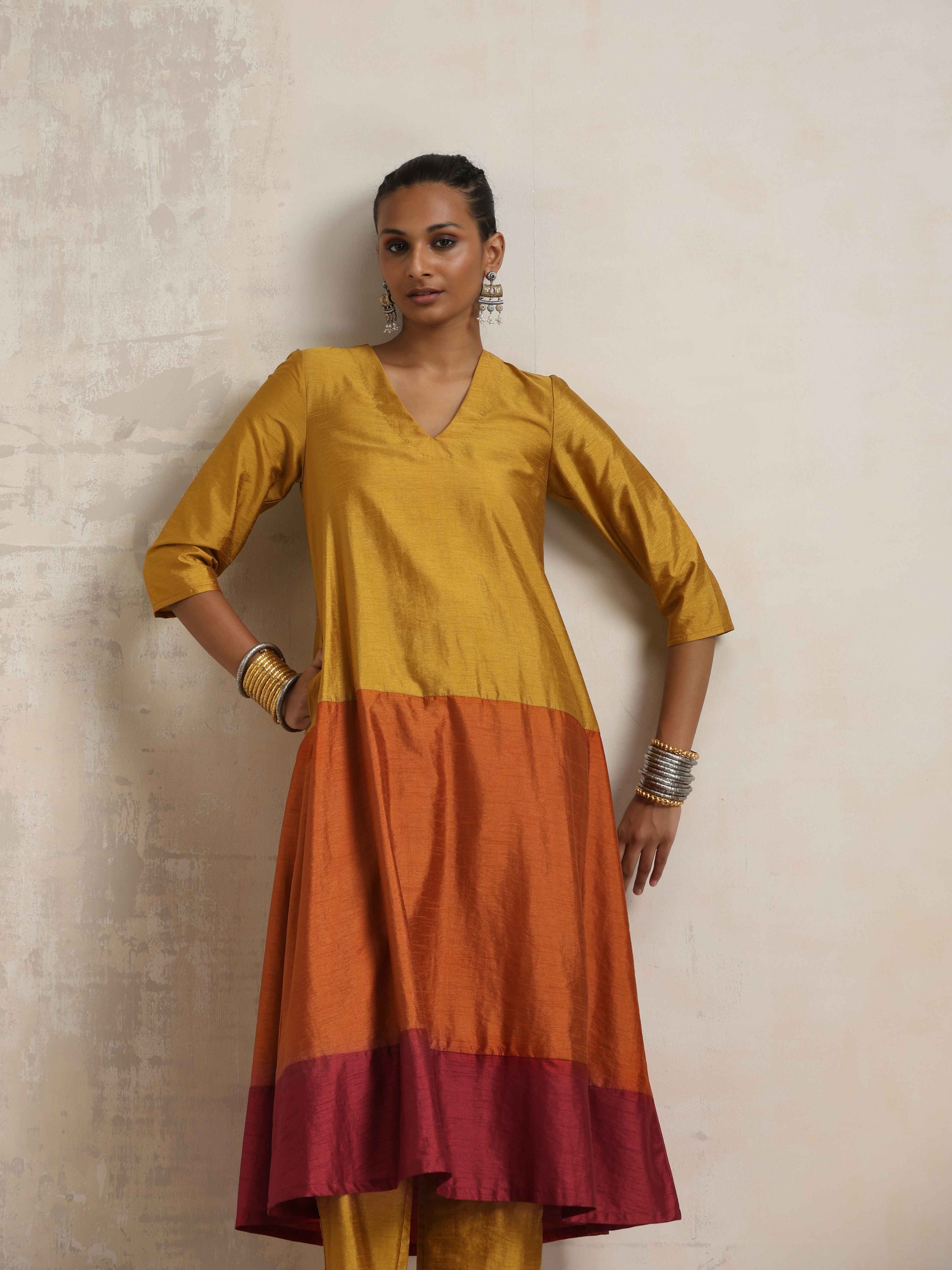 trueBrowns Gold Orange Silk A-line Kurta Set | Swadesiicart