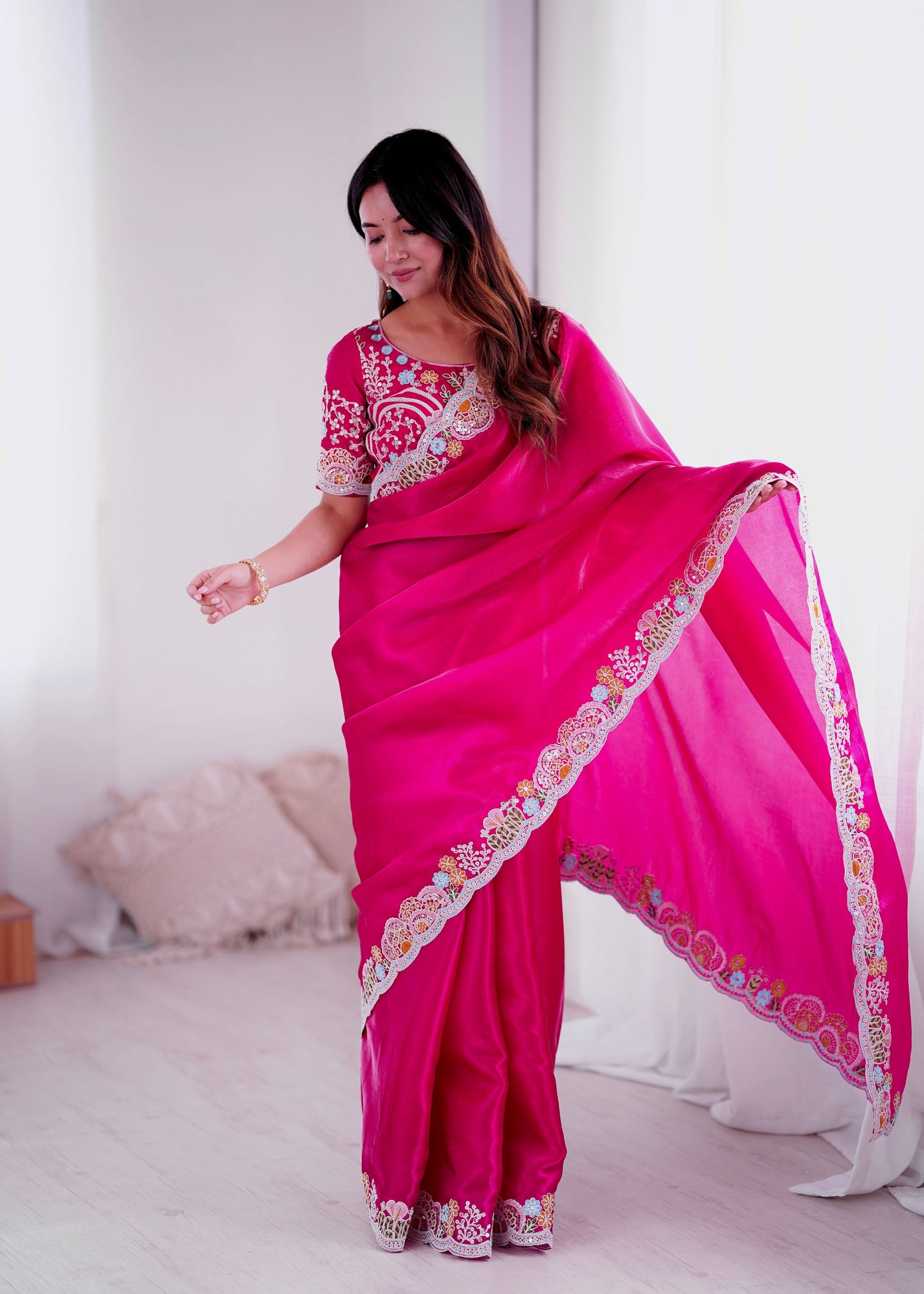 Lorenvalley Fashion Magenta Jimmy Choo with Embroidery Threads Codding & Sequins Work Saree with Blouse - Swadesiicart