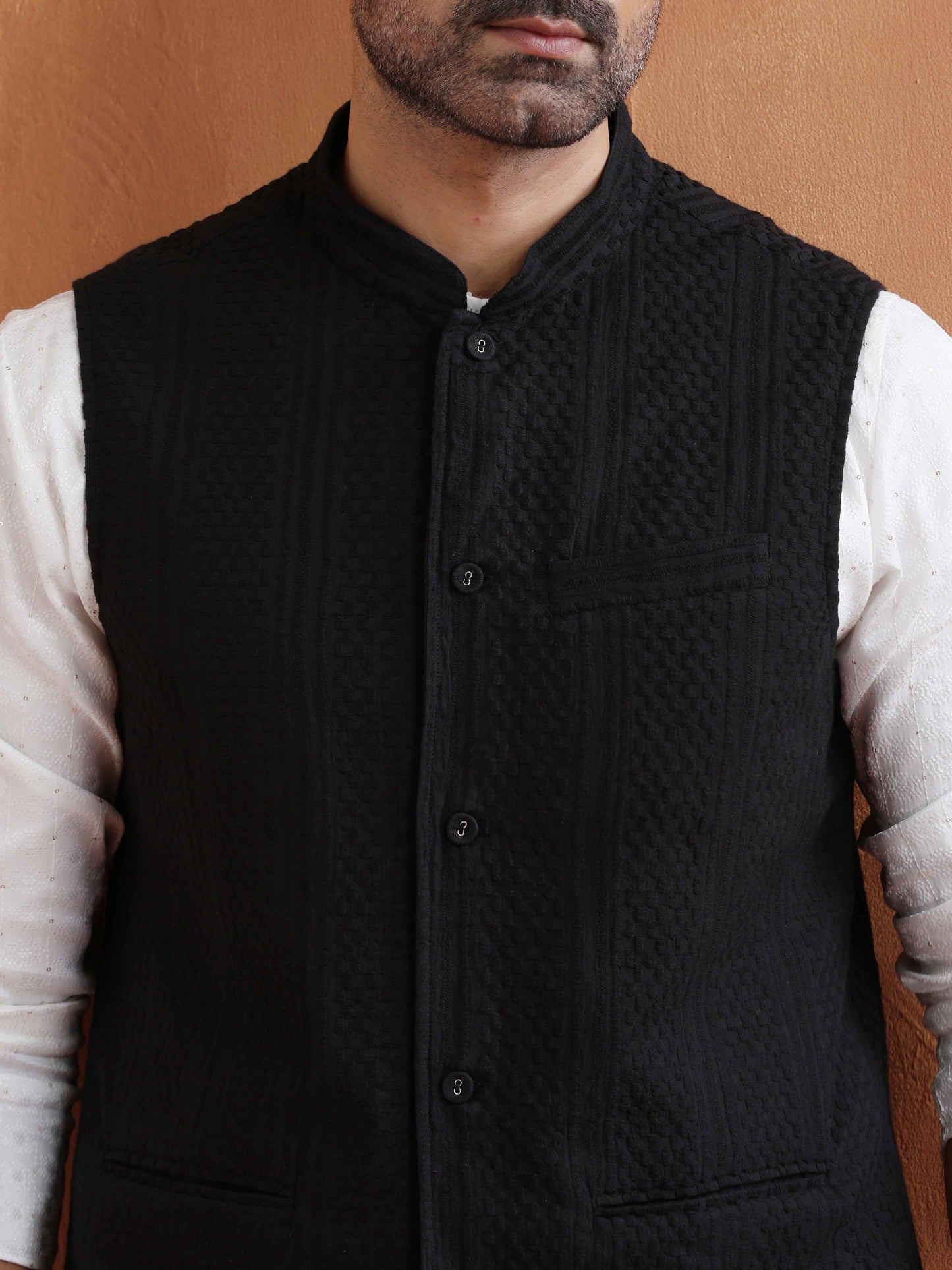 trueBrowns Men's Black Textured Cotton Dobby Nehru Jacket | Swadesiicart