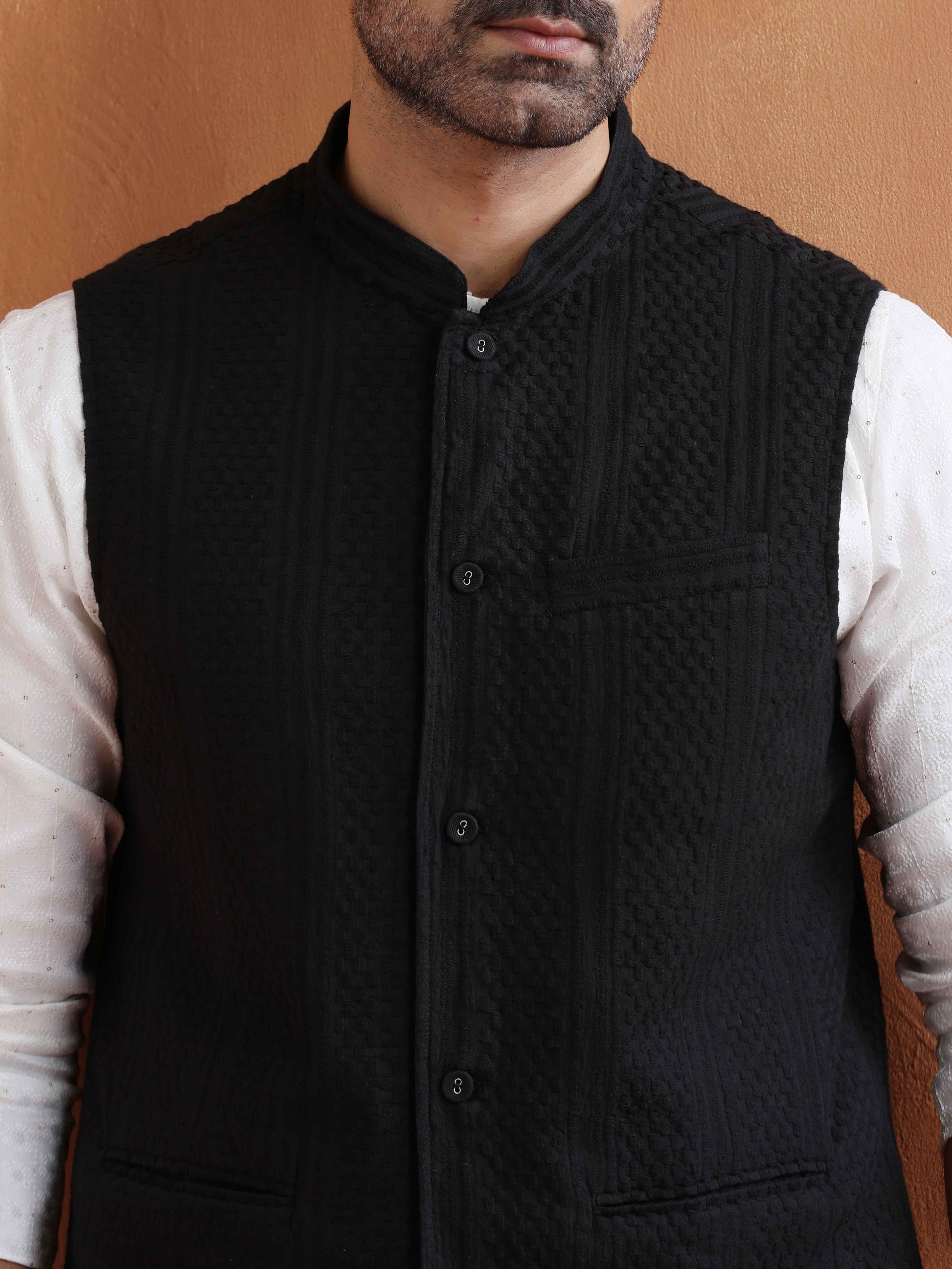 trueBrowns Men's Black Textured Cotton Dobby Nehru Jacket | Swadesiicart