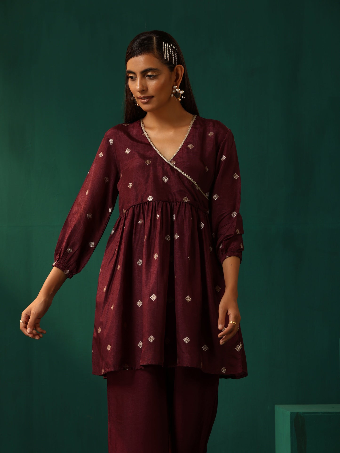 trueBrowns Wine Diamond Viscose Silk Waist Gathered Co-ord Set - Swadesiicart
