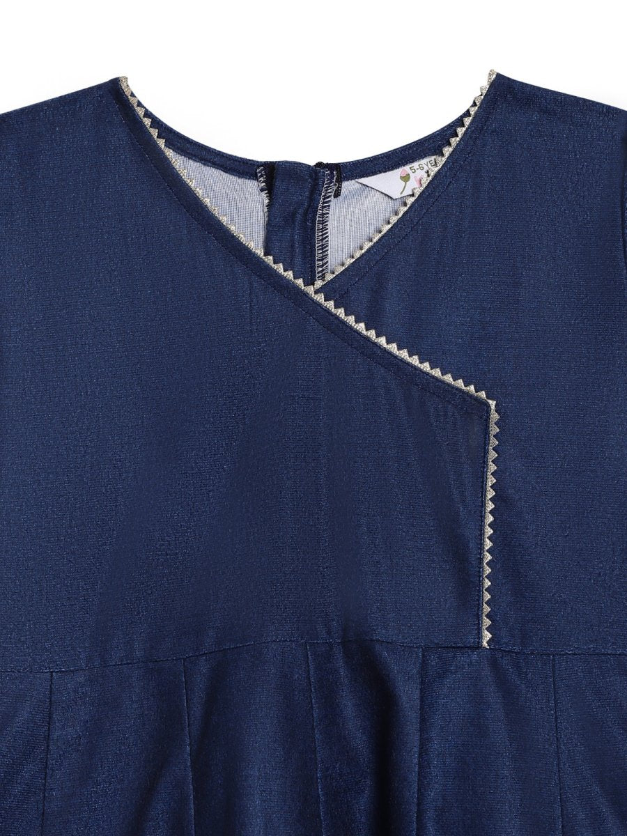 Ahalyaa Girls Navy Blue Velvet Angrakha Gotta Patti Kids Kurta with Palazzos | Swadesiicart