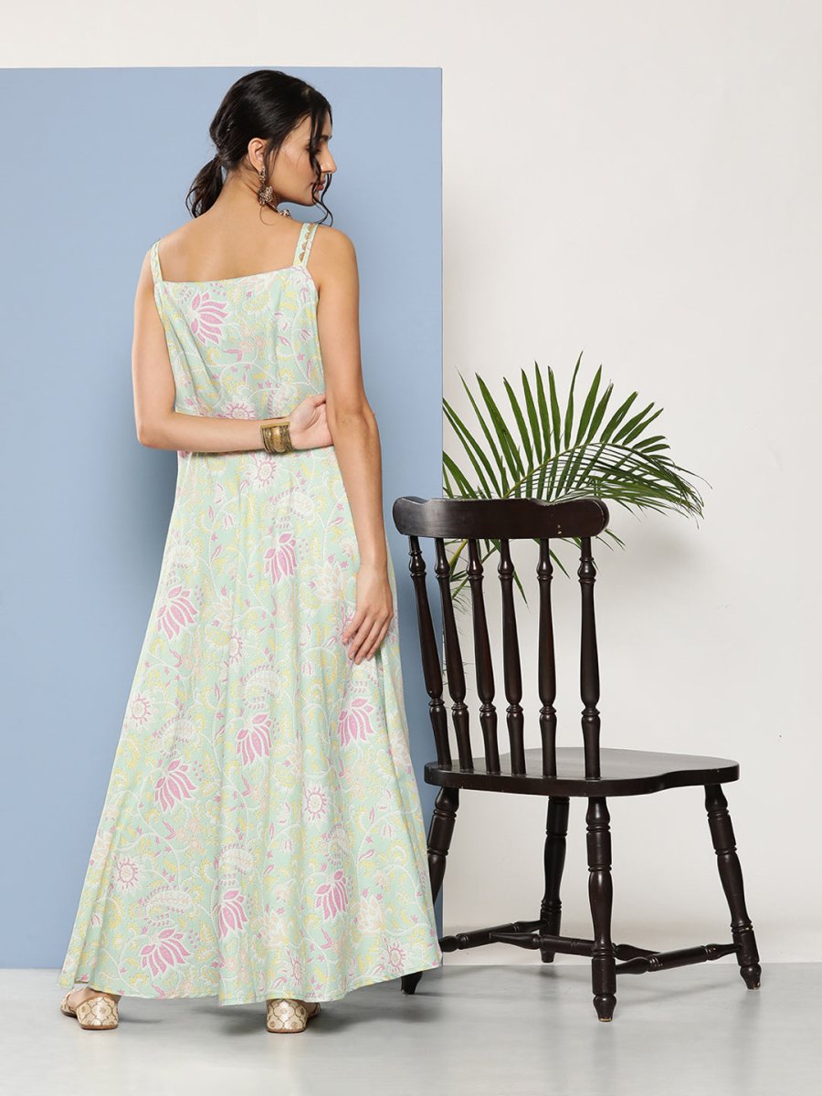 Ahalyaa Women Sea Green Floral Printed Empire Gotta Patti Kurta with Trousers | Swadesiicart