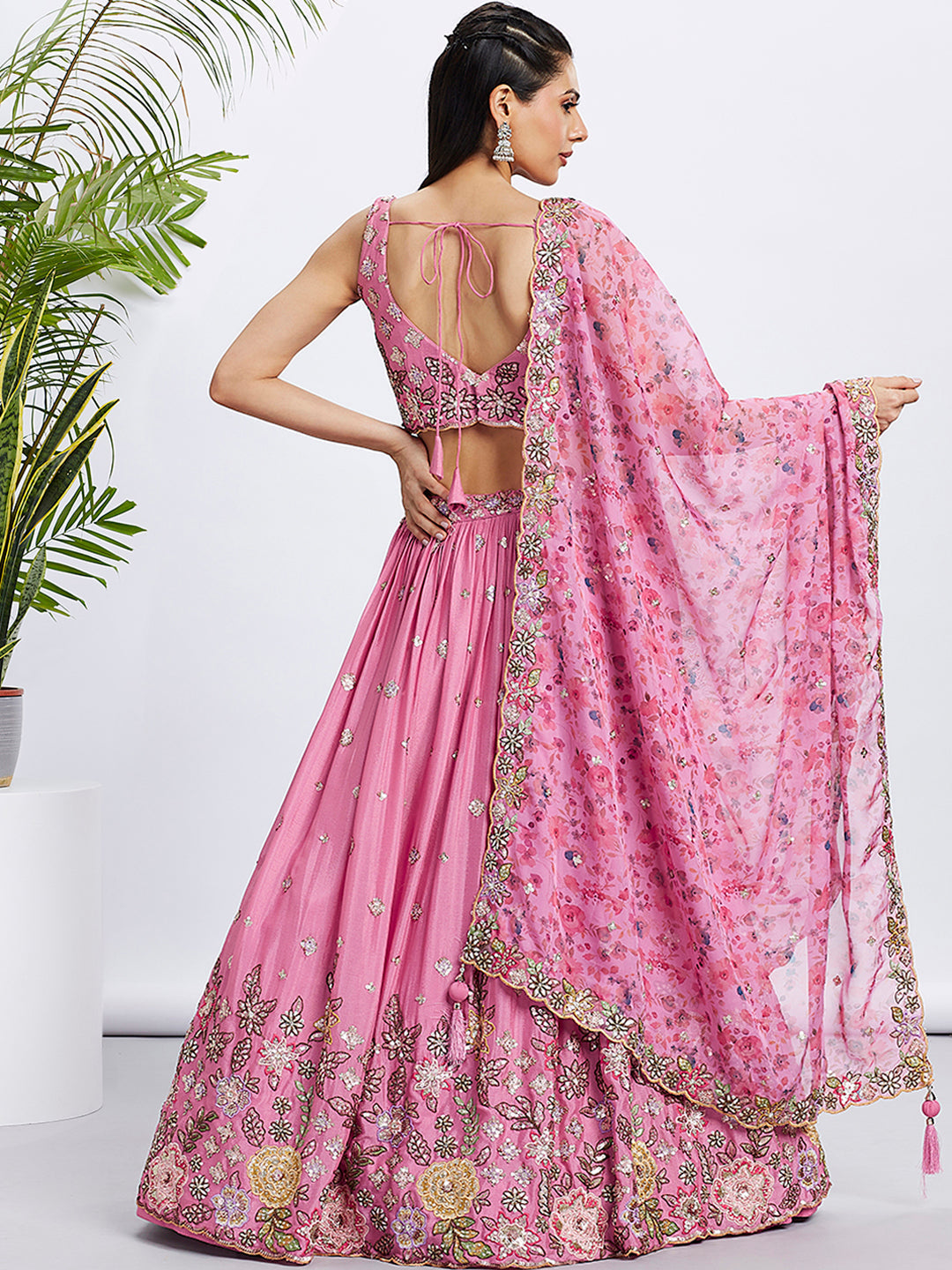 House of Panchhi Lime Green Chiffon Sequins And Thread Embroidery Lehenga Choli & Dupatta | Swadesiicart