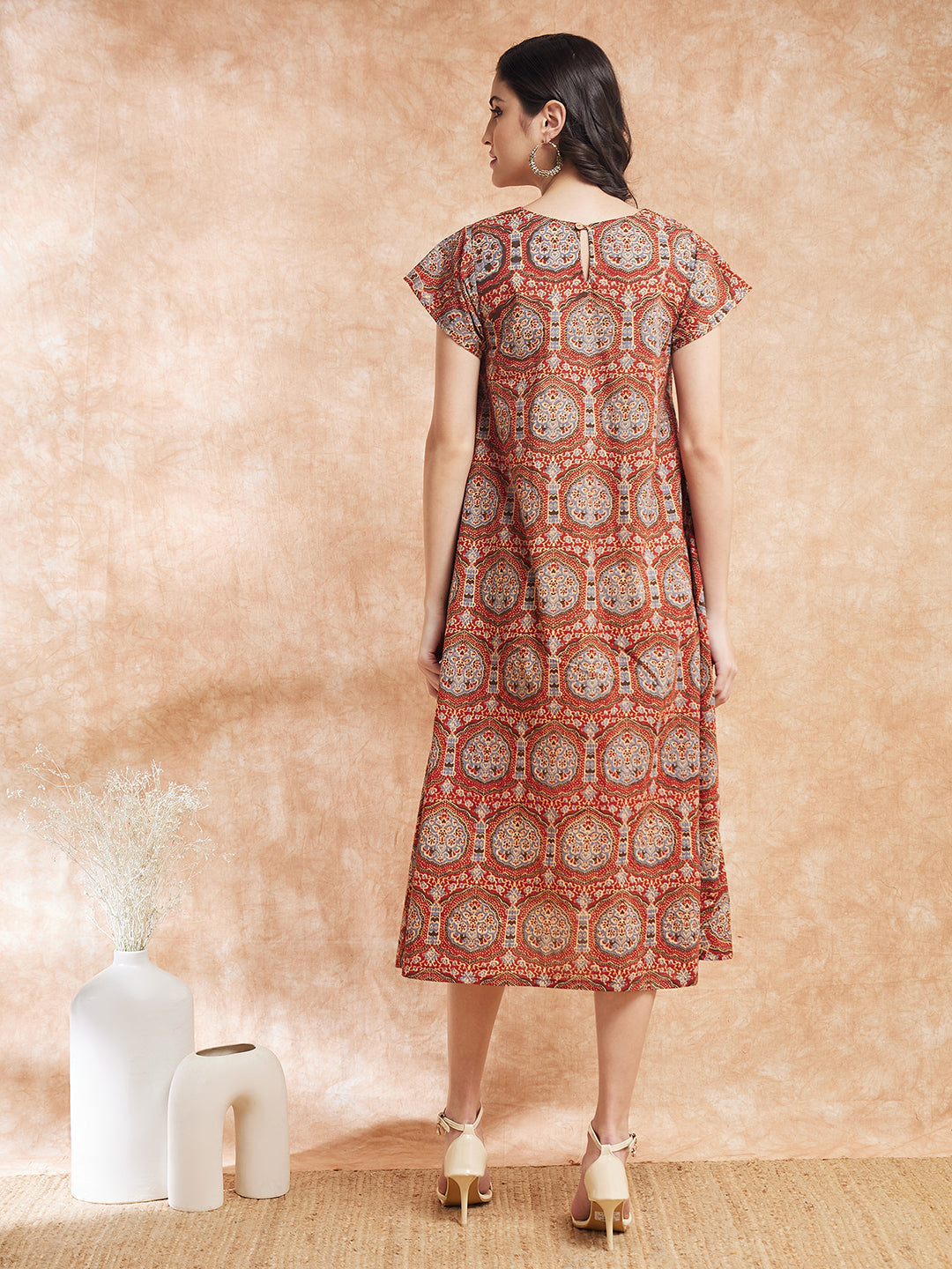 InWeave Women's Maroon Mughal Kalamkari A Line Dress - Swadesiicart