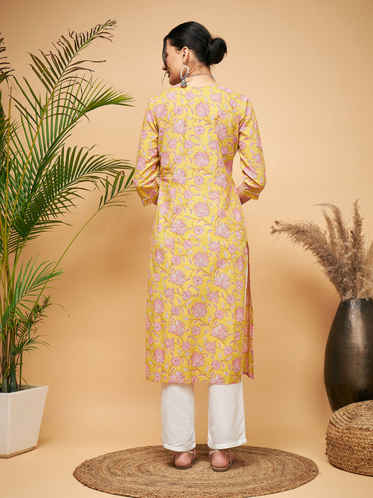 InWeave Women's Lime Pink Print Patch Cotton Straight Kurta - Swadesiicart