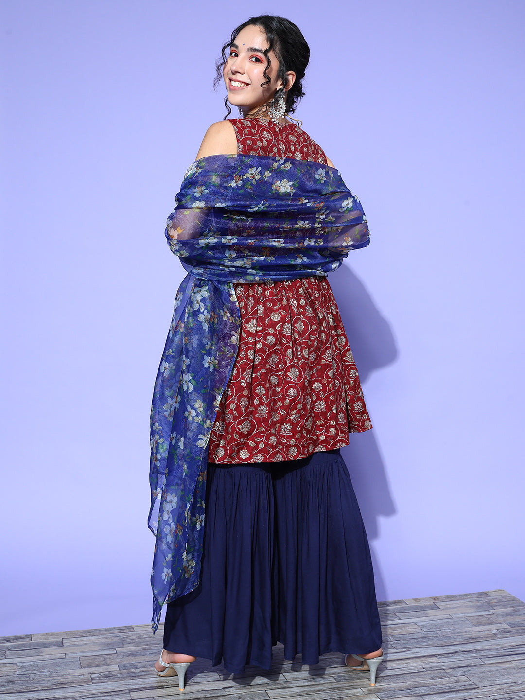 InWeave Women's Burgundy Printed Kurta Sharara Set With Blue Organza Dupatta - Swadesiicart