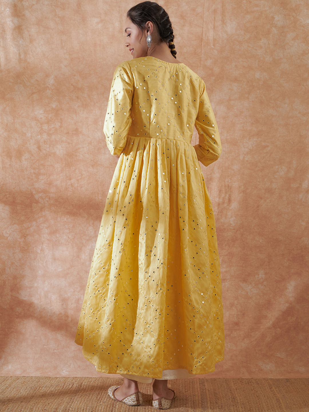 InWeave Women's Light Yellow Mirror Work Long Anarkali Kurta - Swadesiicart