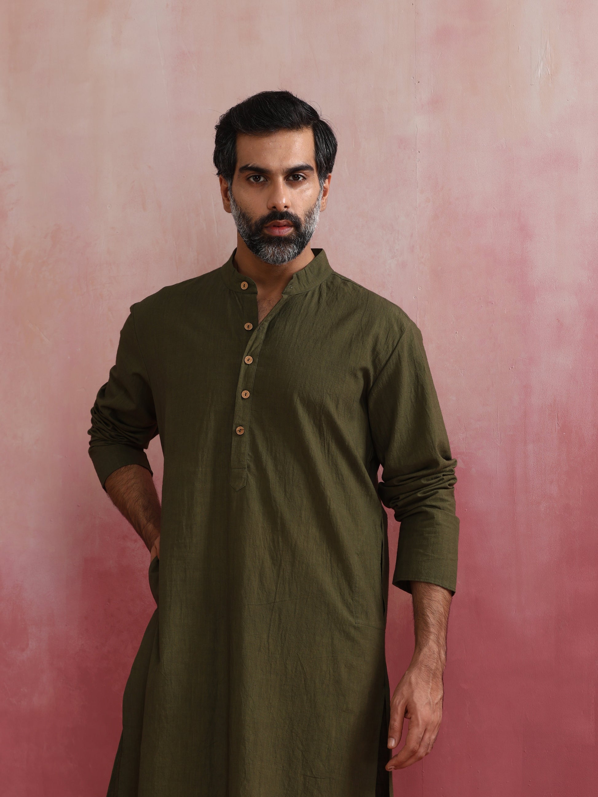 trueBrowns Men's Olive green Mandarin Collar Kurta | Swadesiicart