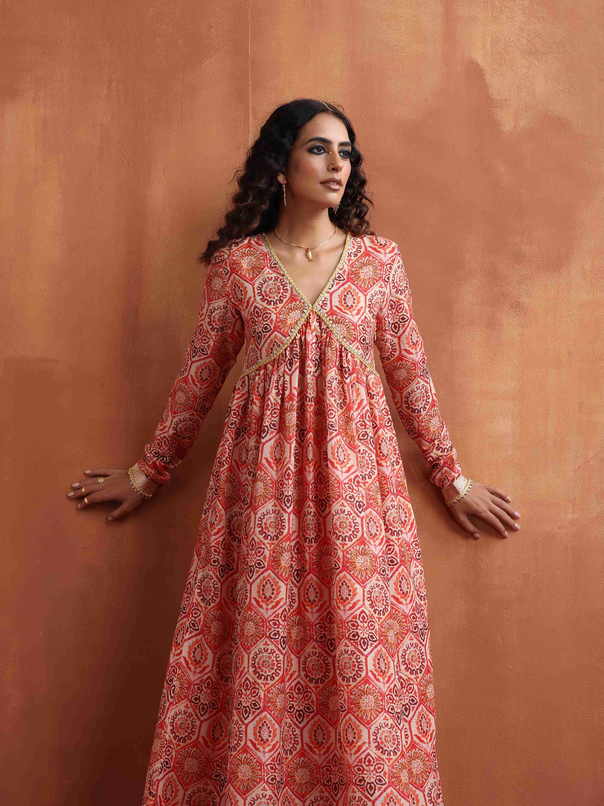 trueBrowns Beige Print Flared Anarkali Kurta Set | Swadesiicart