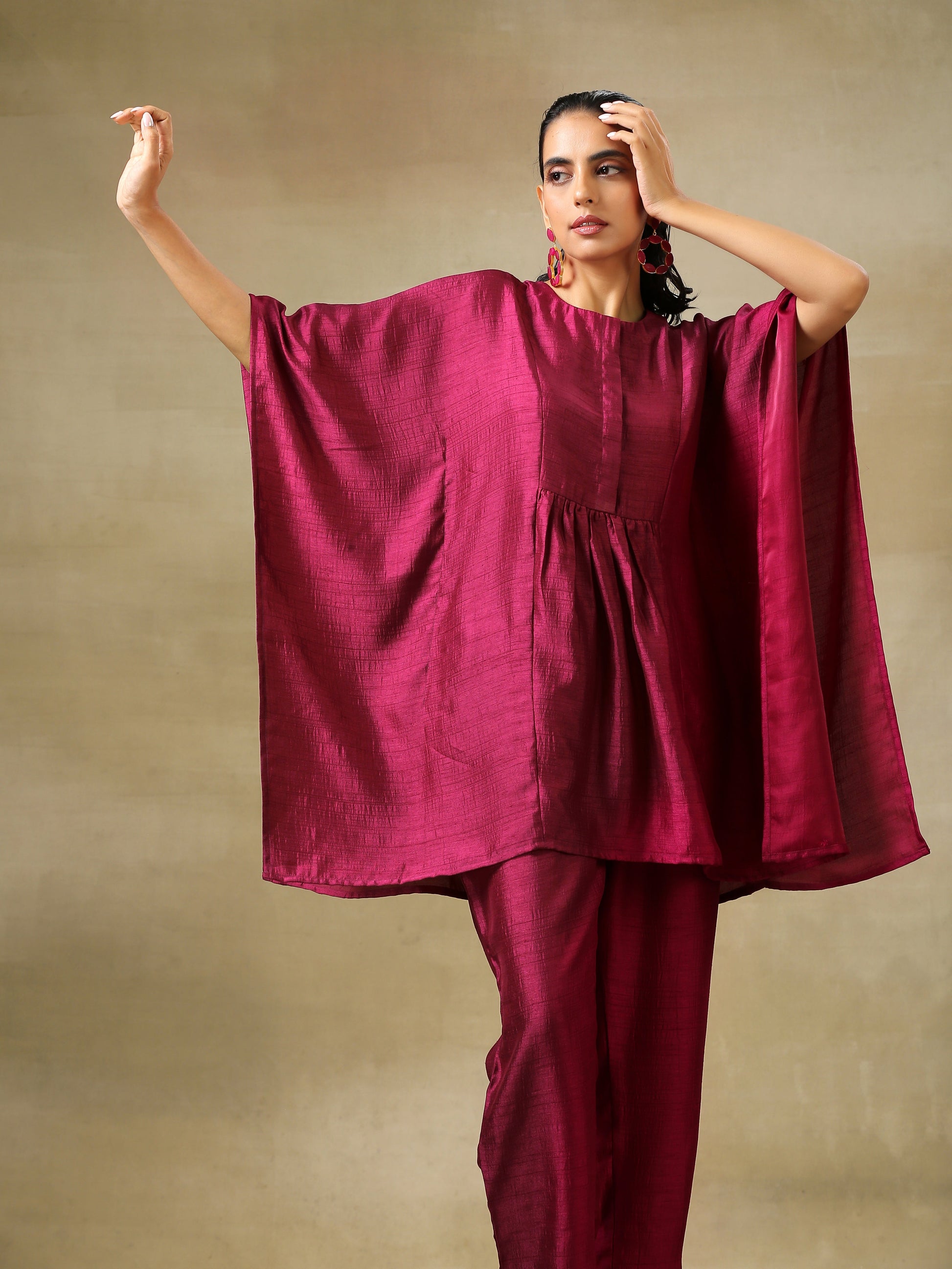 trueBrowns Purple Textured Silk Gathered Kaftan Co-Ord Set - Swadesiicart