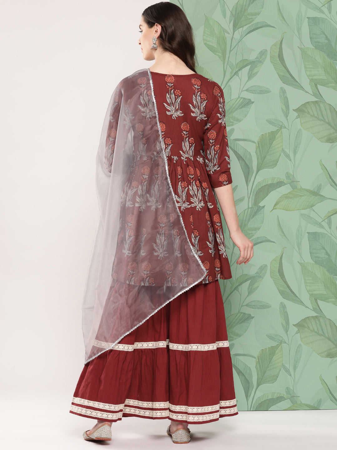 InWeave Women's Brick Rust Boota Sharara Set With Dupatta - Swadesiicart