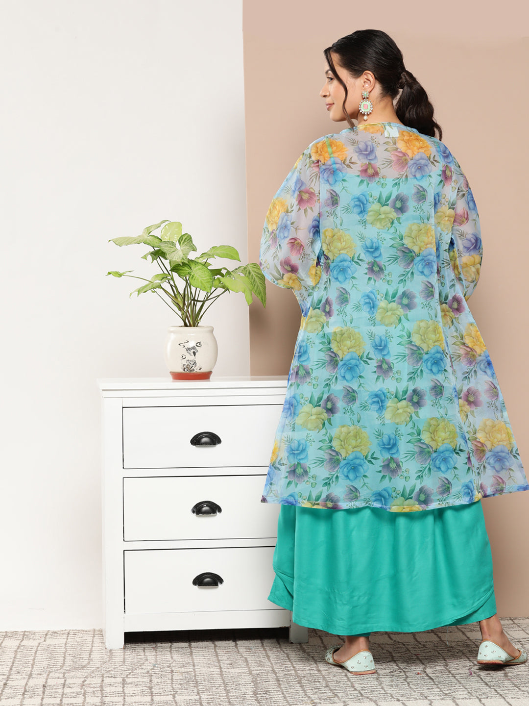 InWeave Women's Teal Blue Strappy Set With Blue Yellow Floral Cape - Swadesiicart