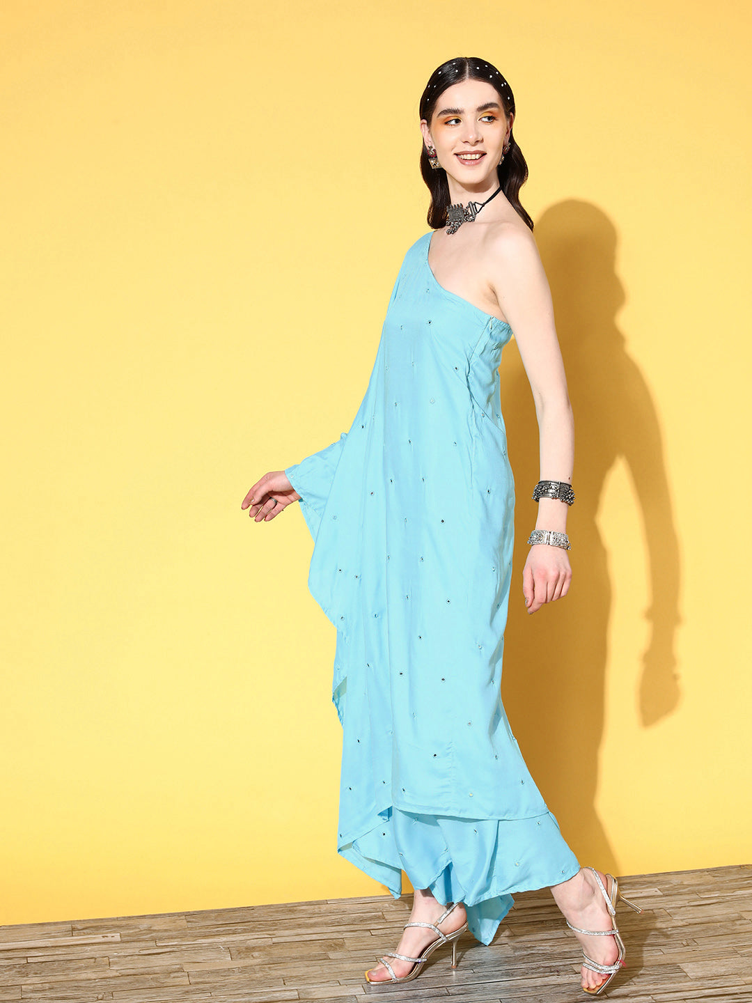 InWeave Women's Sky Blue Mirror Work One Shoulder Kurta Set With Dupatta - Swadesiicart