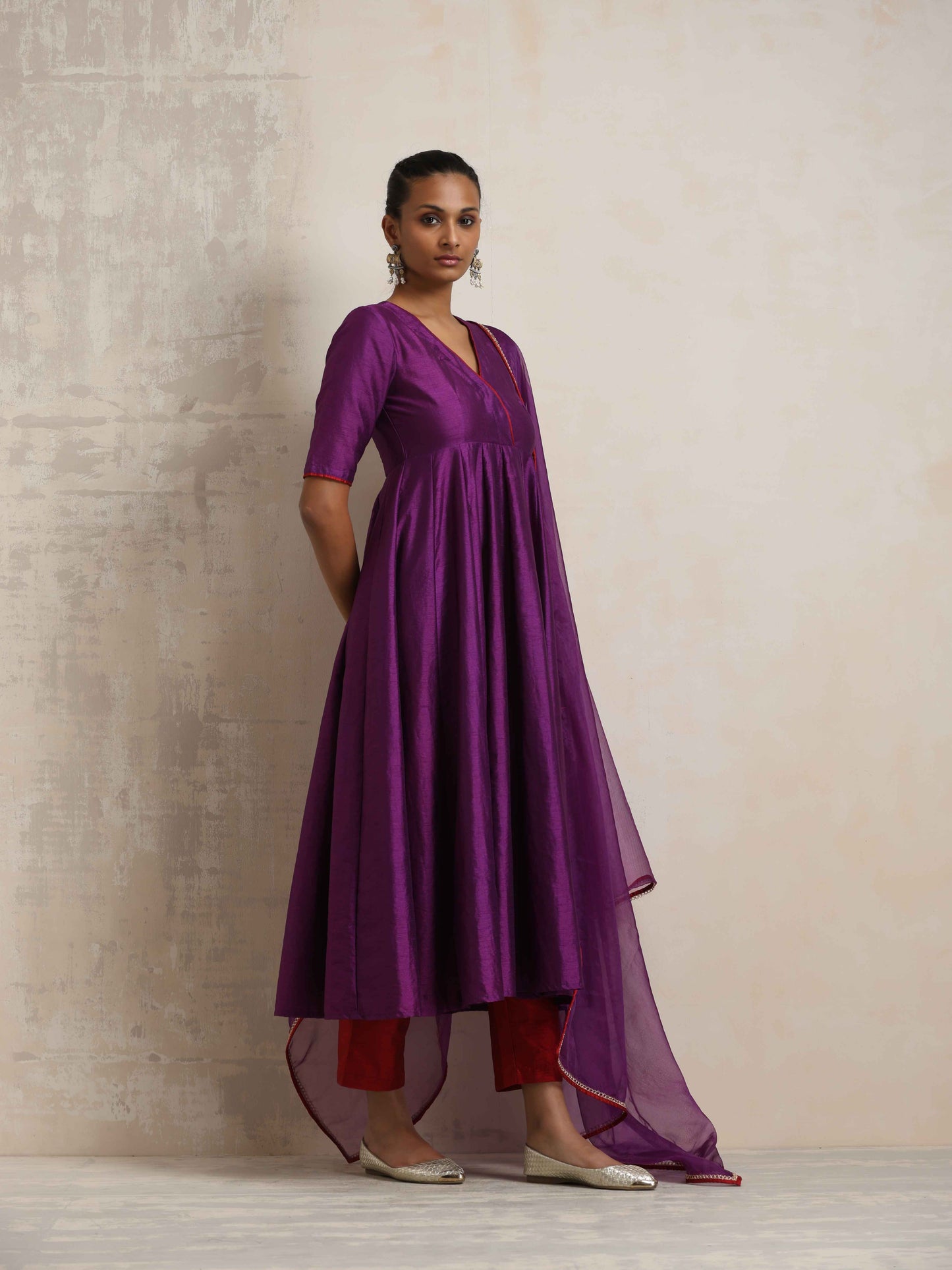 trueBrowns Purple Silk Anarkali Kurta Pant Dupatta Set | Swadesiicart