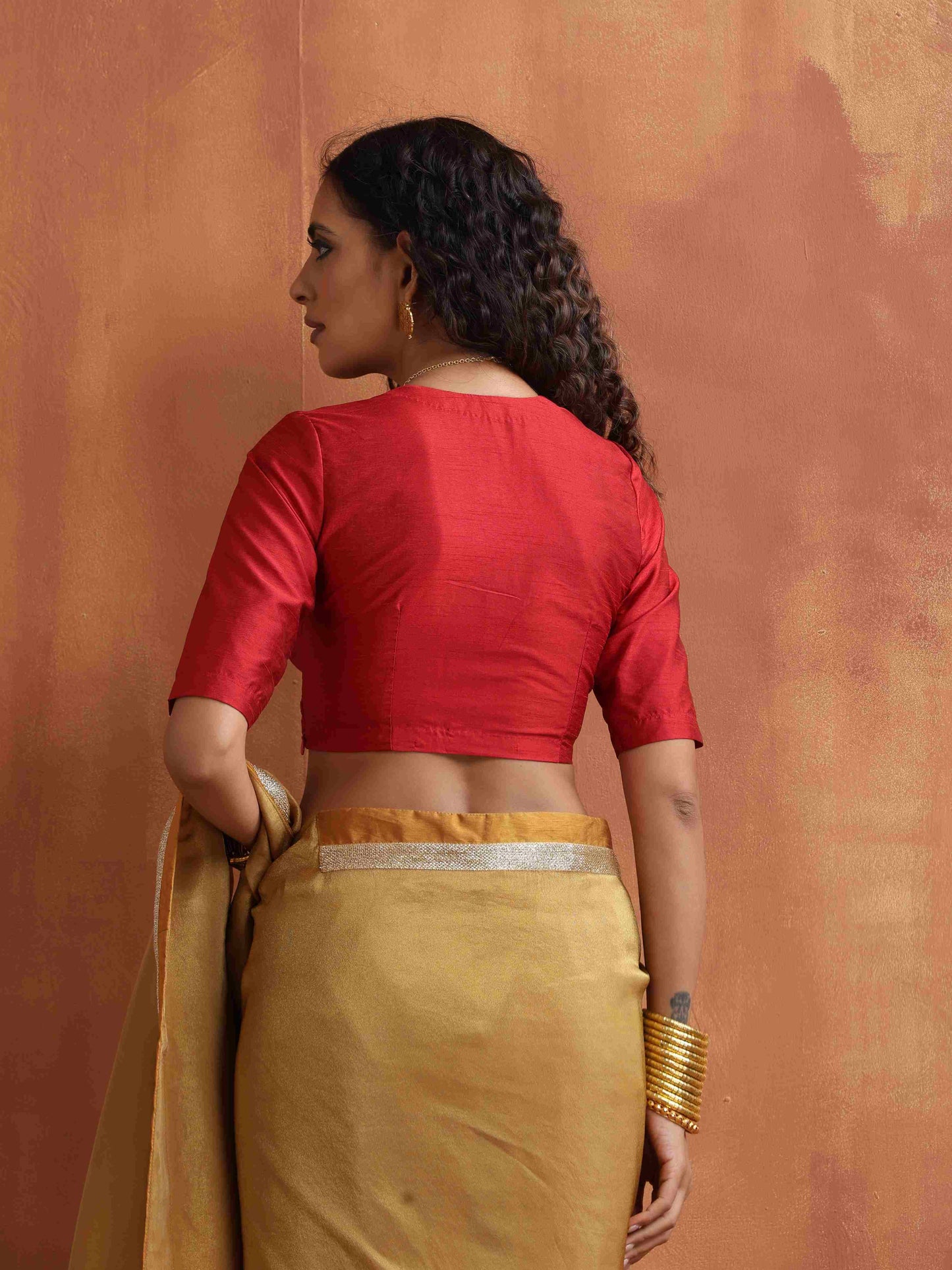 trueBrowns Red Silk V Neck Blouse | Swadesiicart