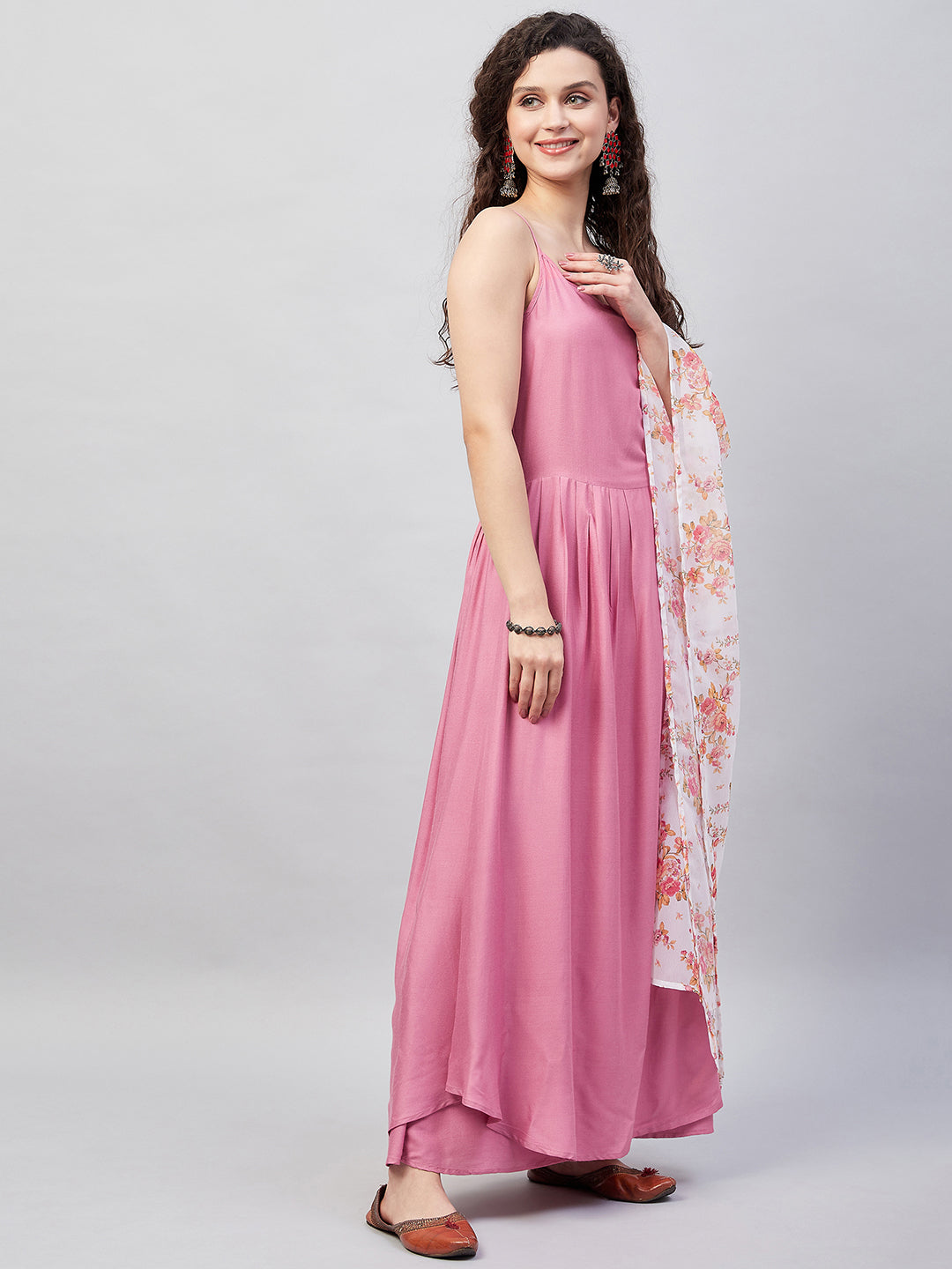 InWeave Women's Light Pink Strappy Set W Cream Orange Print Ge Dupatta - Swadesiicart