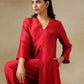 trueBrowns Maroon Textured Silk Front Slit Kurta Pant Set | Swadesiicart