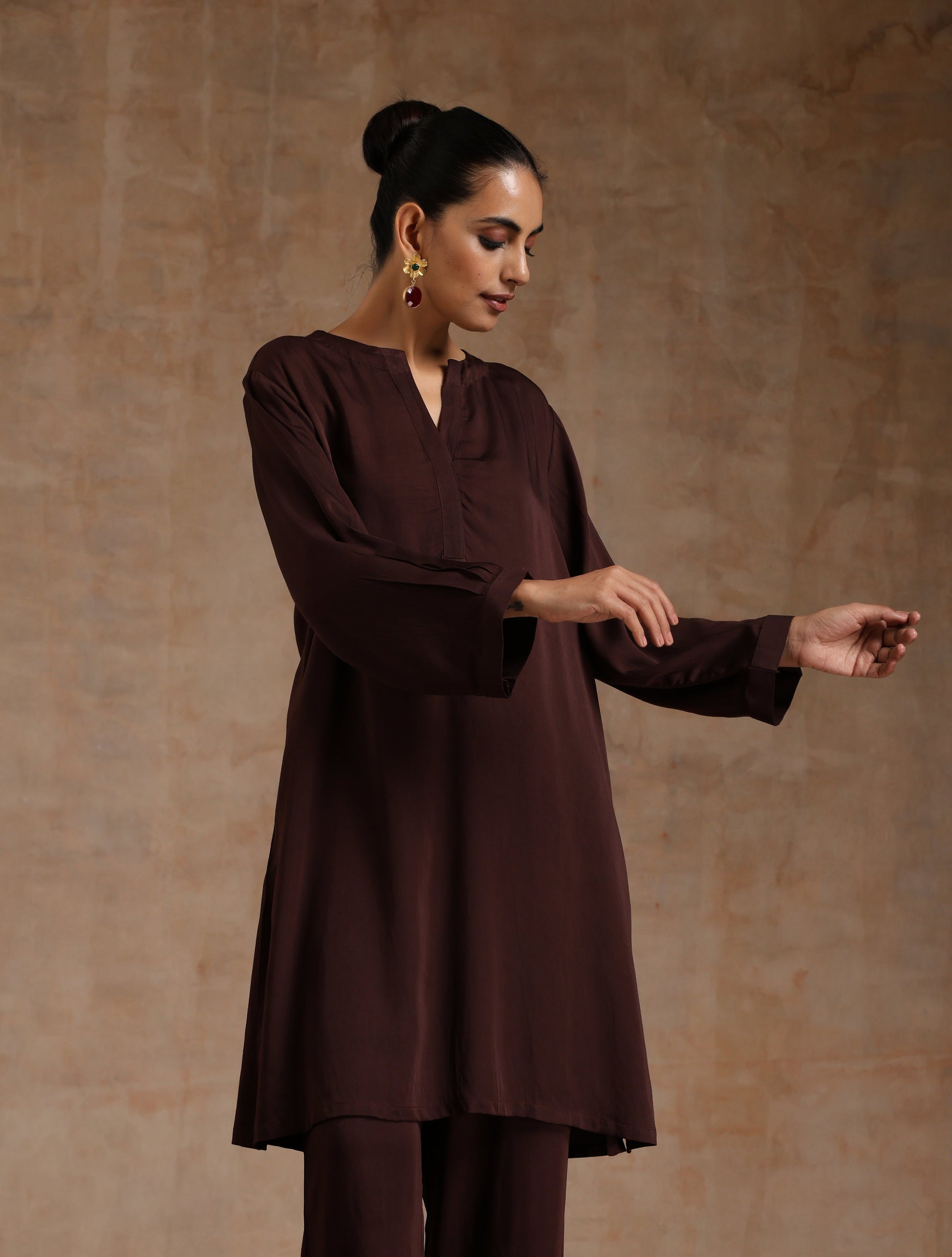 trueBrowns Cola Brown Modal Satin Relax Co-ord Set - Swadesiicart