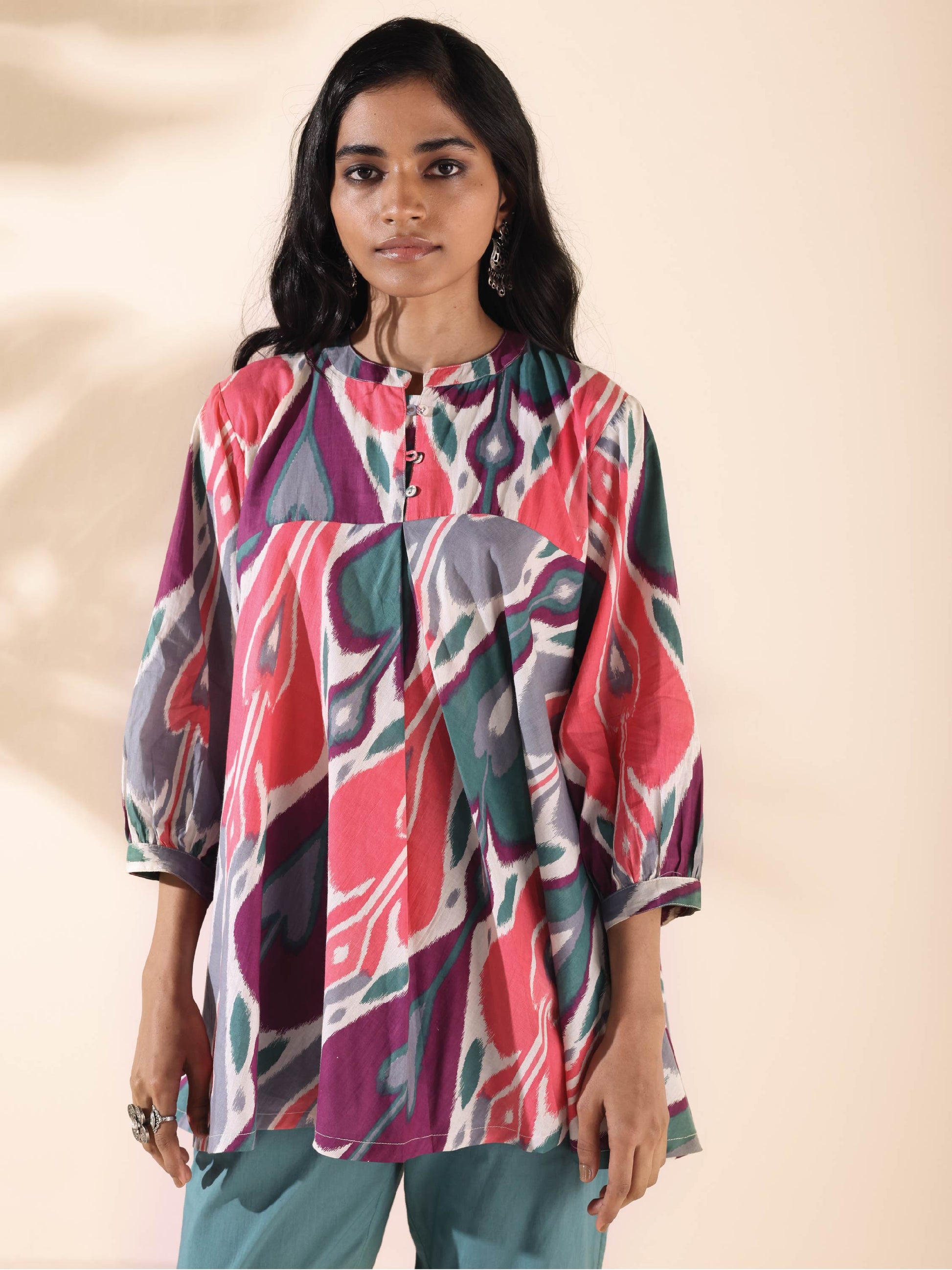trueBrowns Green Cotton Ikat Flared Co-ord Set - Swadesiicart
