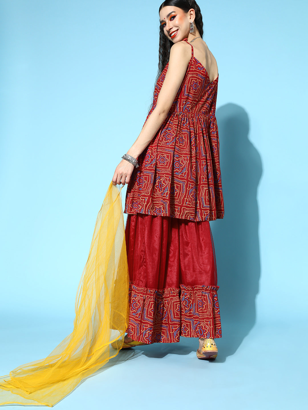 InWeave Women's Maroon Bandhani Net Sharara Set With Dupatta - Swadesiicart