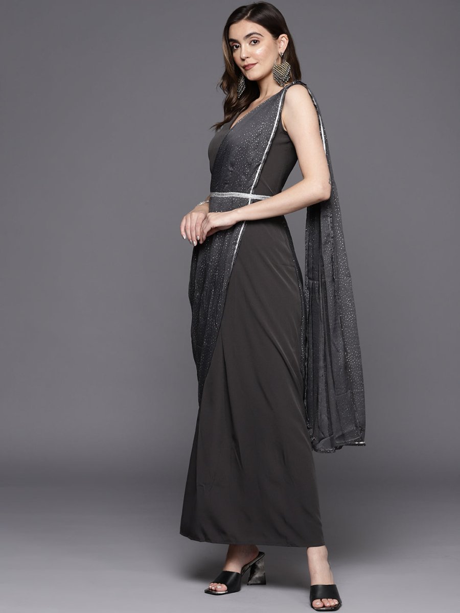 Ahalyaa Abstract Print Layered Crepe Ethnic Dress | Swadesiicart