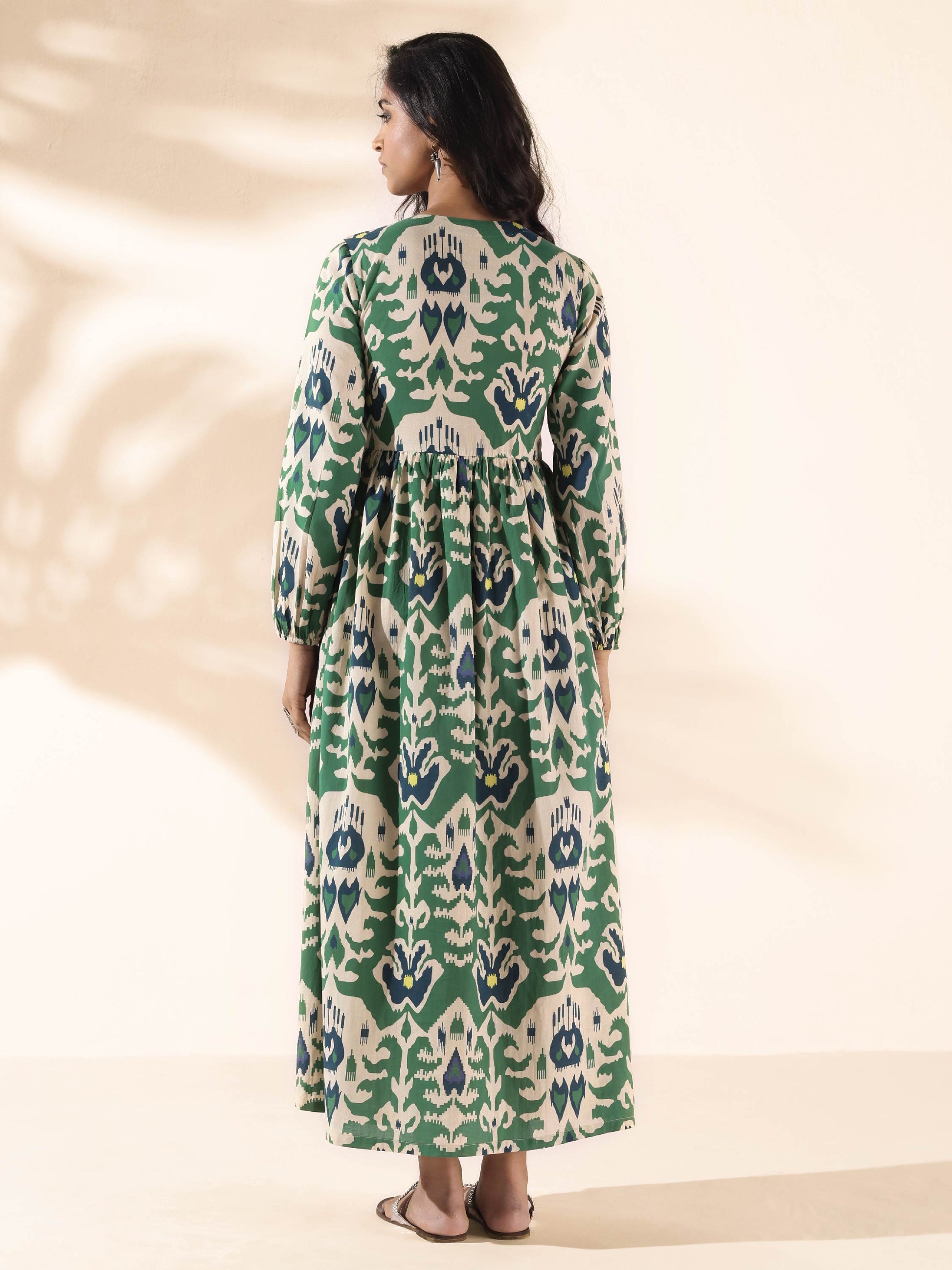 trueBrowns Green Cotton Ikat Flared Dress | Swadesiicart