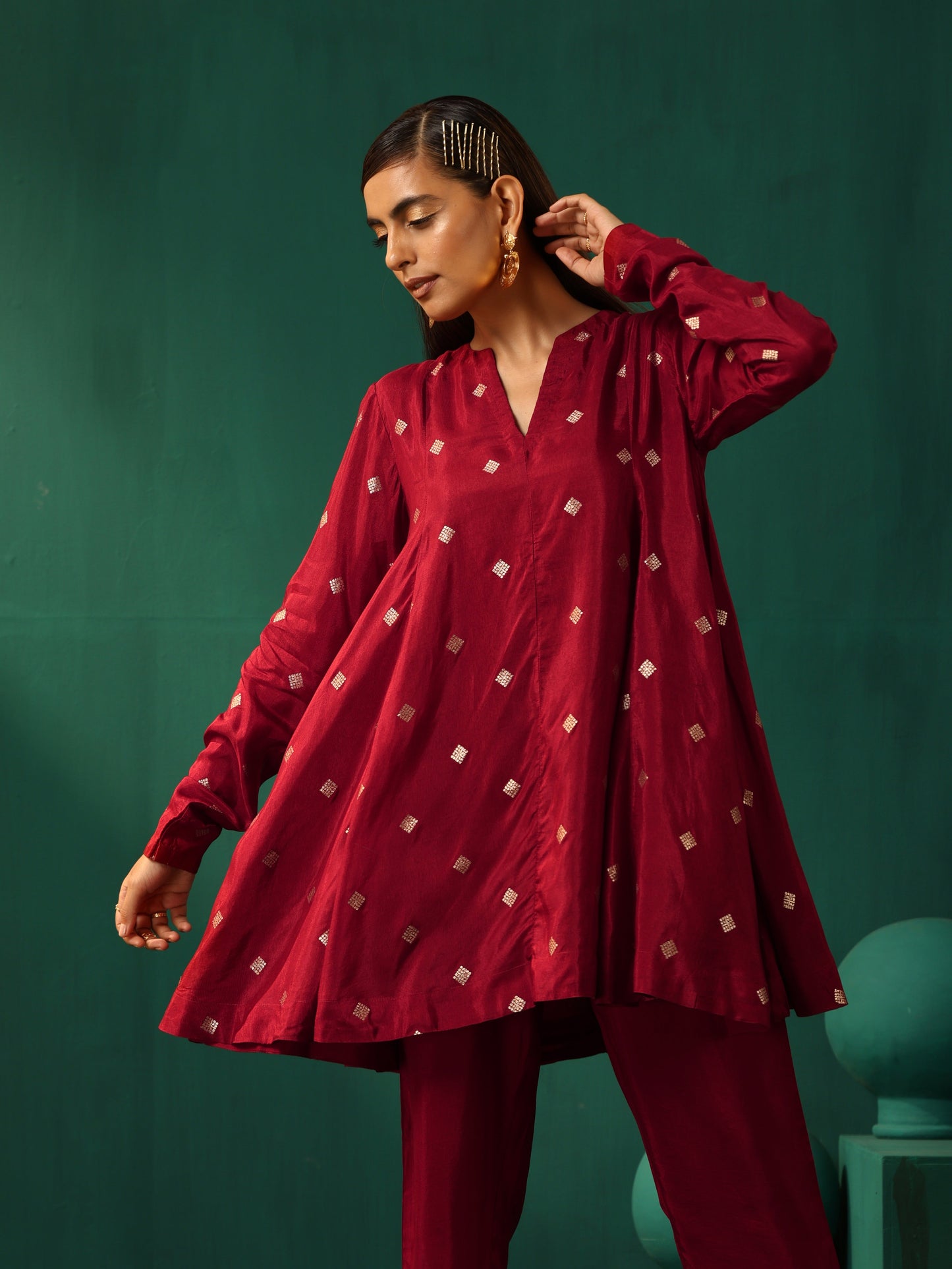trueBrowns Maroon Diamond Viscose Silk Relaxed Co-ord Set - Swadesiicart
