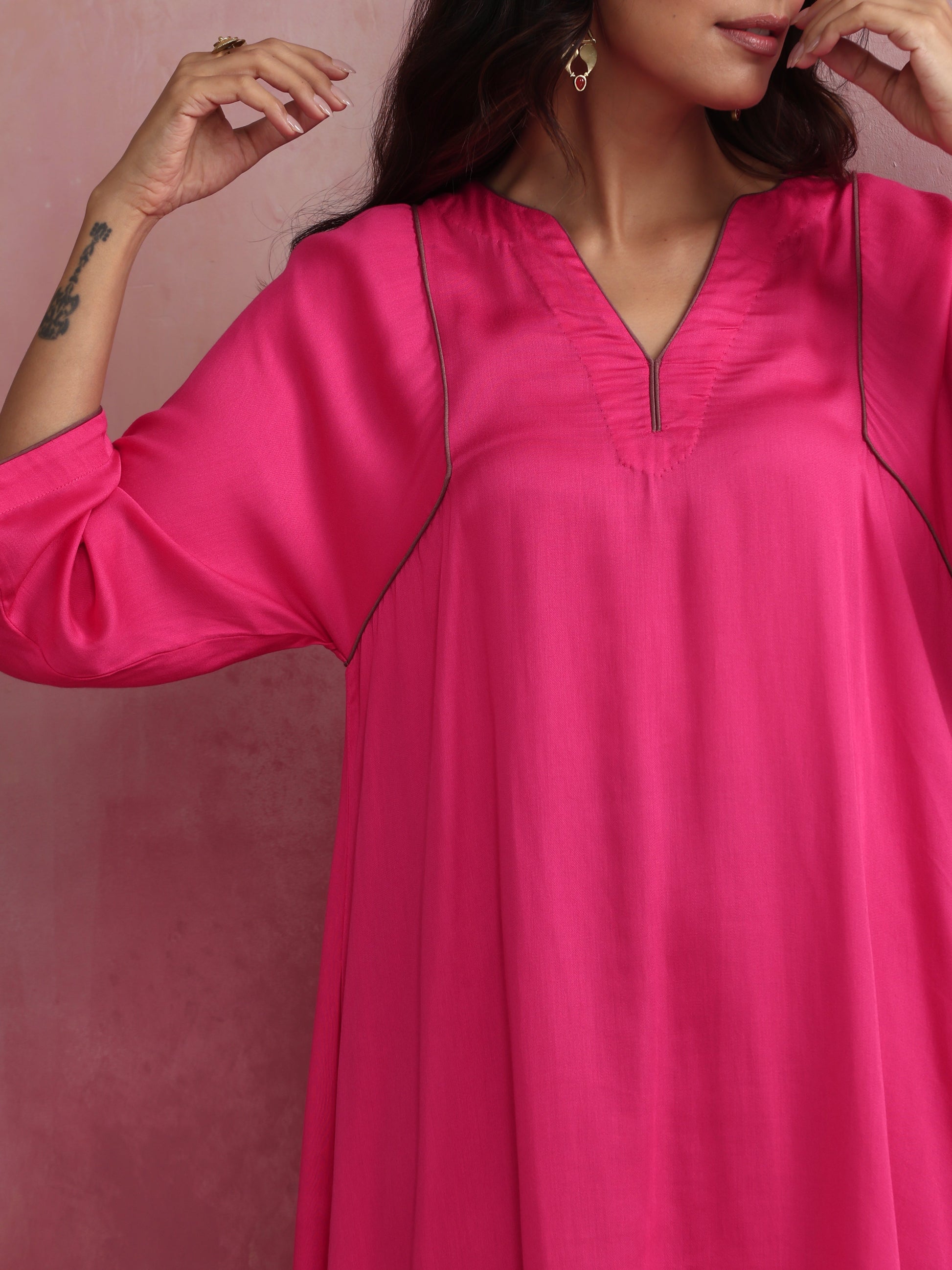 trueBrowns Pink Modal Kimono Kurta Set - Swadesiicart
