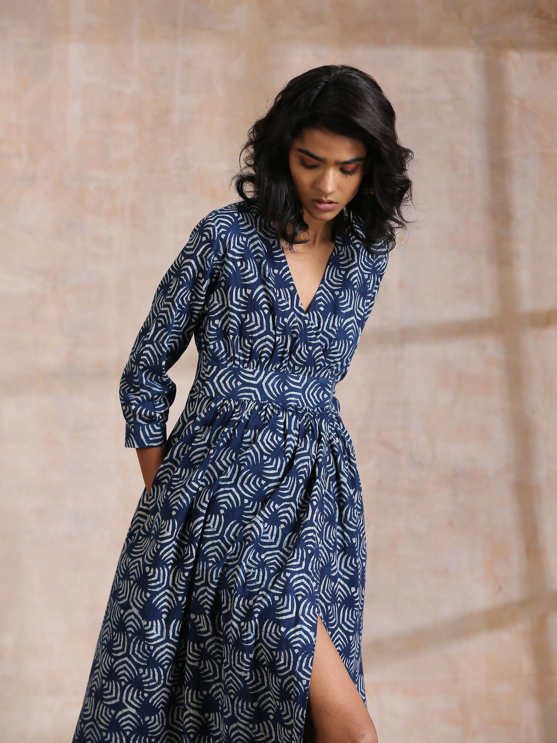 trueBrowns Indigo Dabu Overall Print Cotton Wrap Dress | Swadesiicart