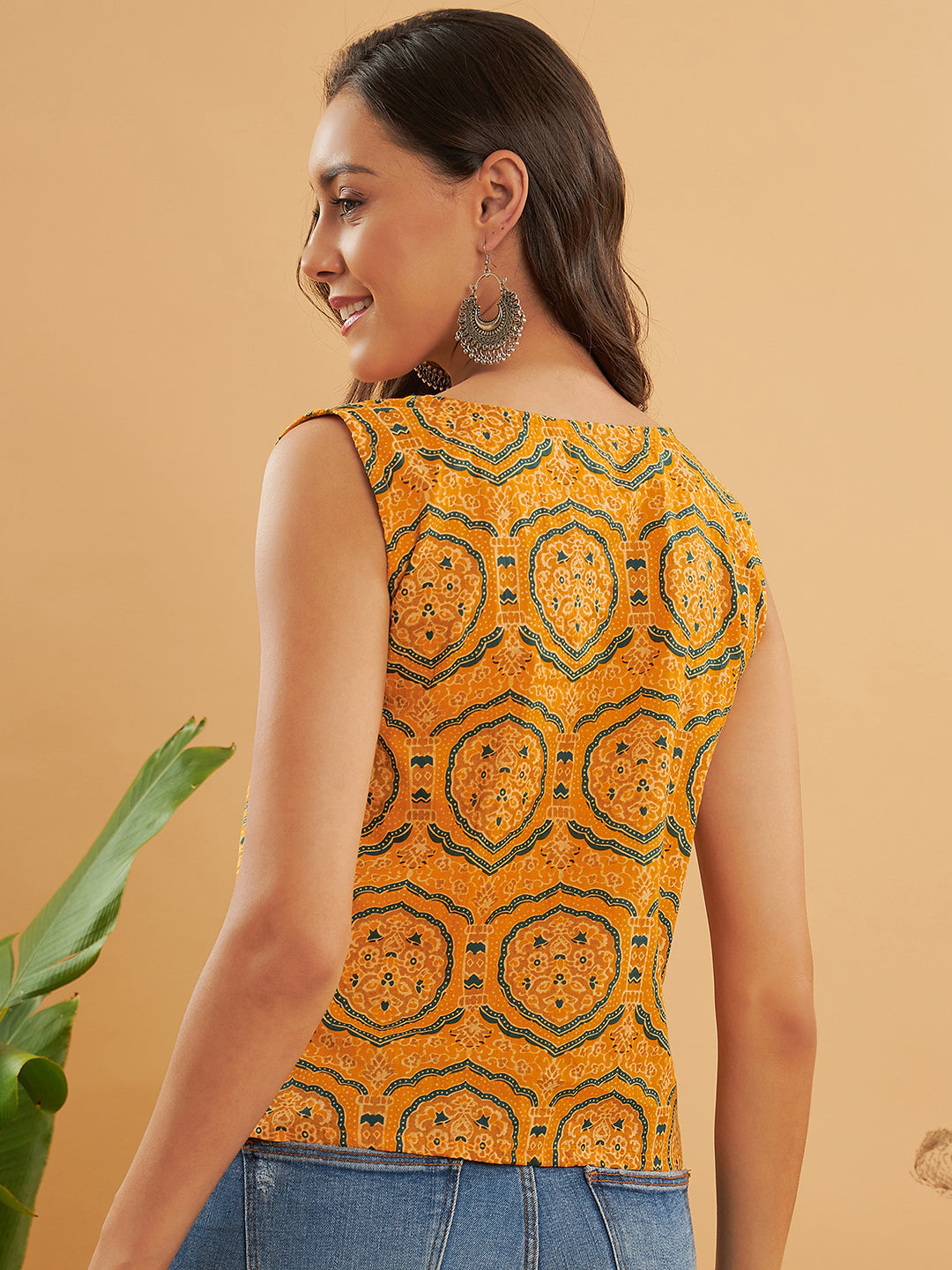 InWeave Haldi Yellow Mughal Kalamkari W/U Top - Swadesiicart