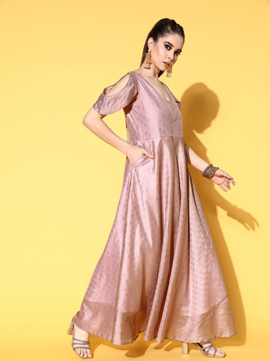 Ahalyaa Chanderi Cold-Shoulders Printed Maxi Ethnic Dress | Swadesiicart