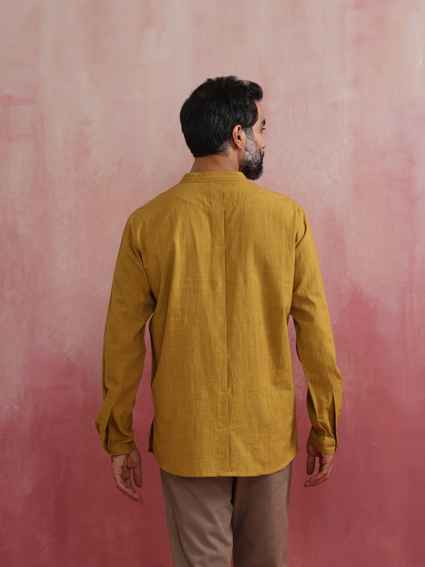 trueBrowns Men's Mustard Cotton Mandarin Collar Stylized Kurta | Swadesiicart