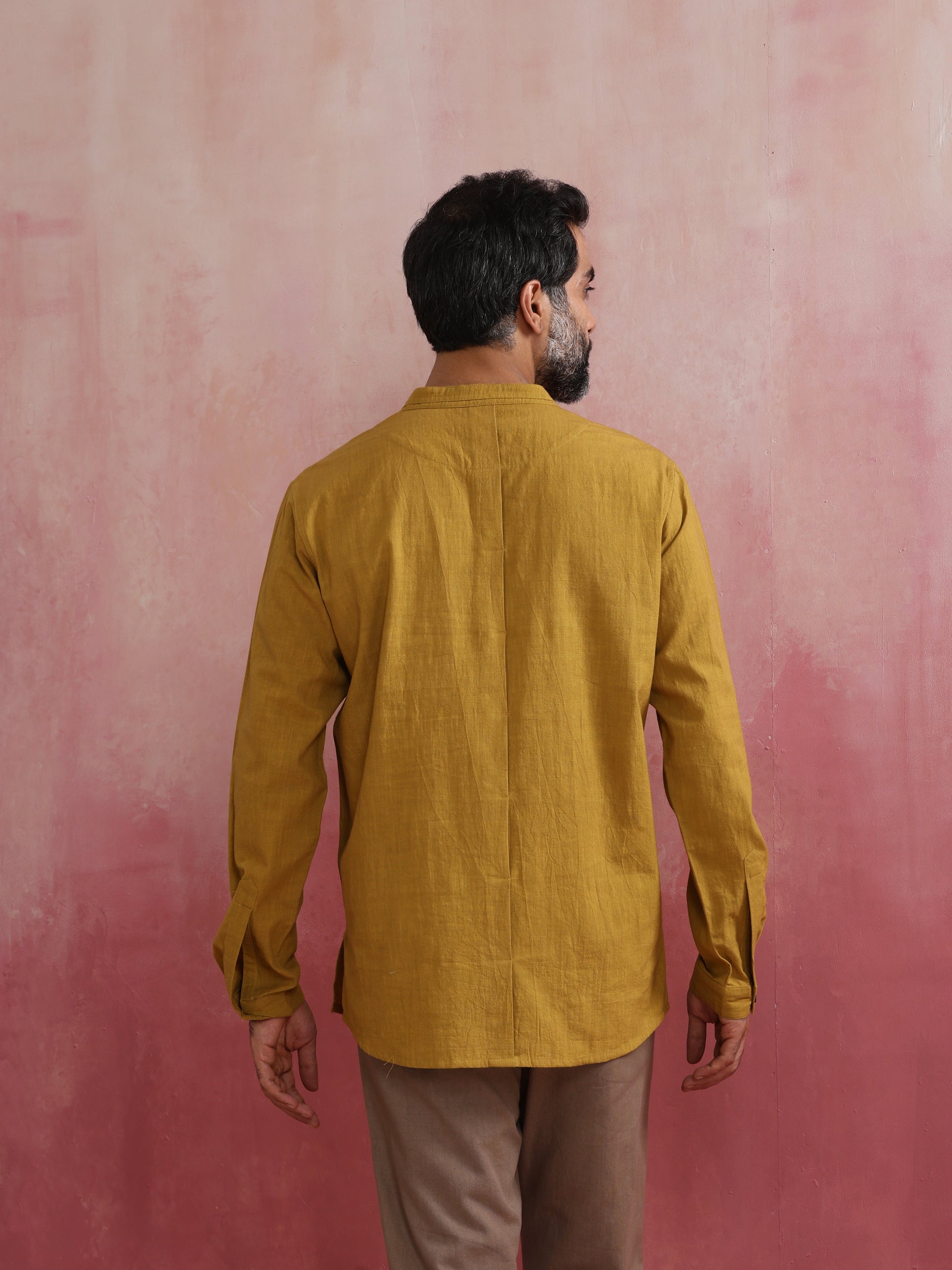 trueBrowns Men's Mustard Cotton Mandarin Collar Stylized Kurta | Swadesiicart