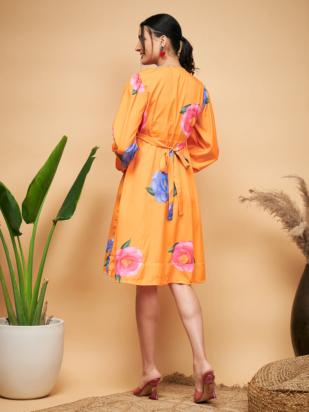 InWeave Women's Haldi Yellow Pink Mauve Flower Belted Dress - Swadesiicart
