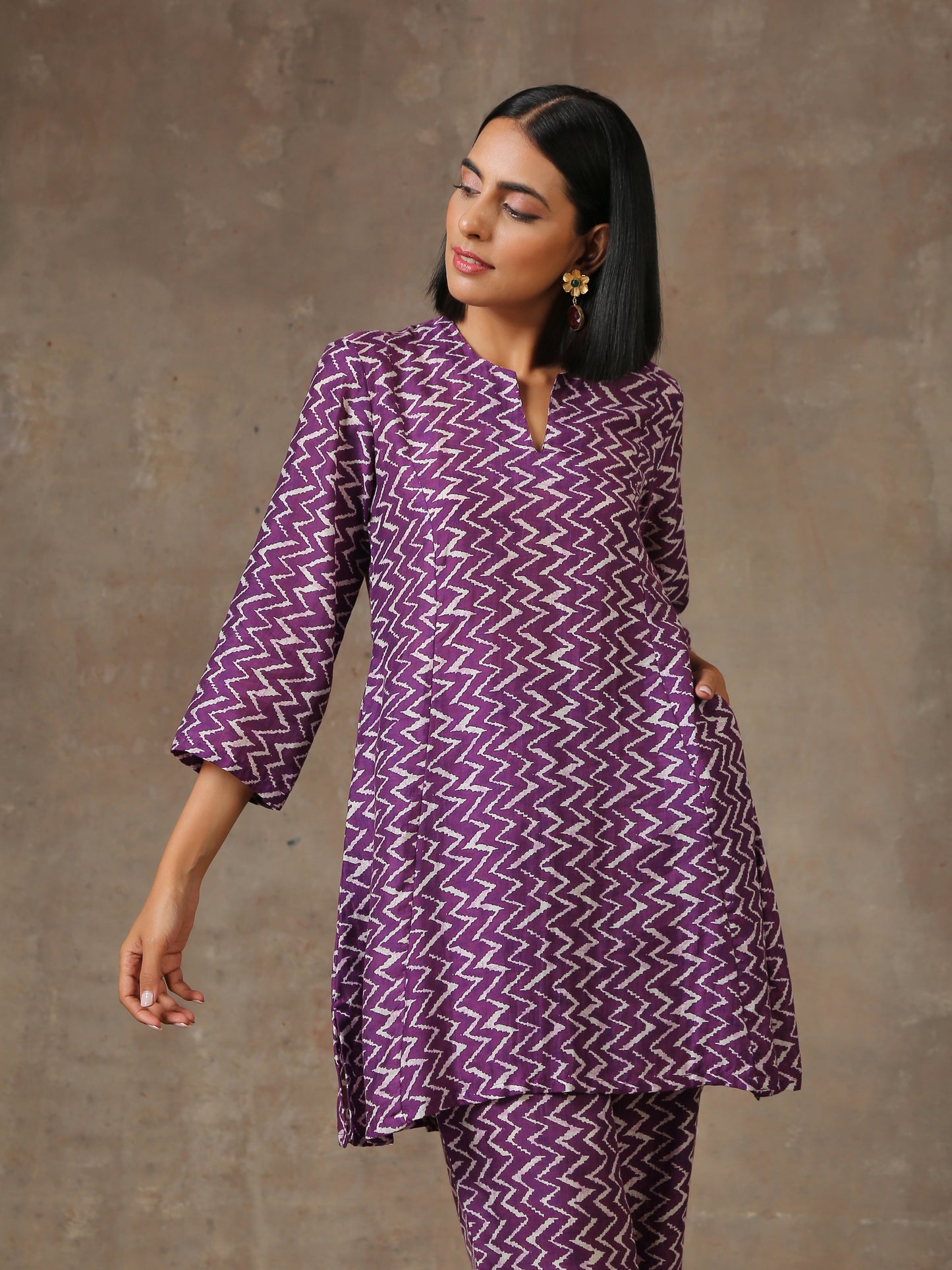 trueBrowns Purple White Lehariya Printed Silk Co-Ord Set - Swadesiicart