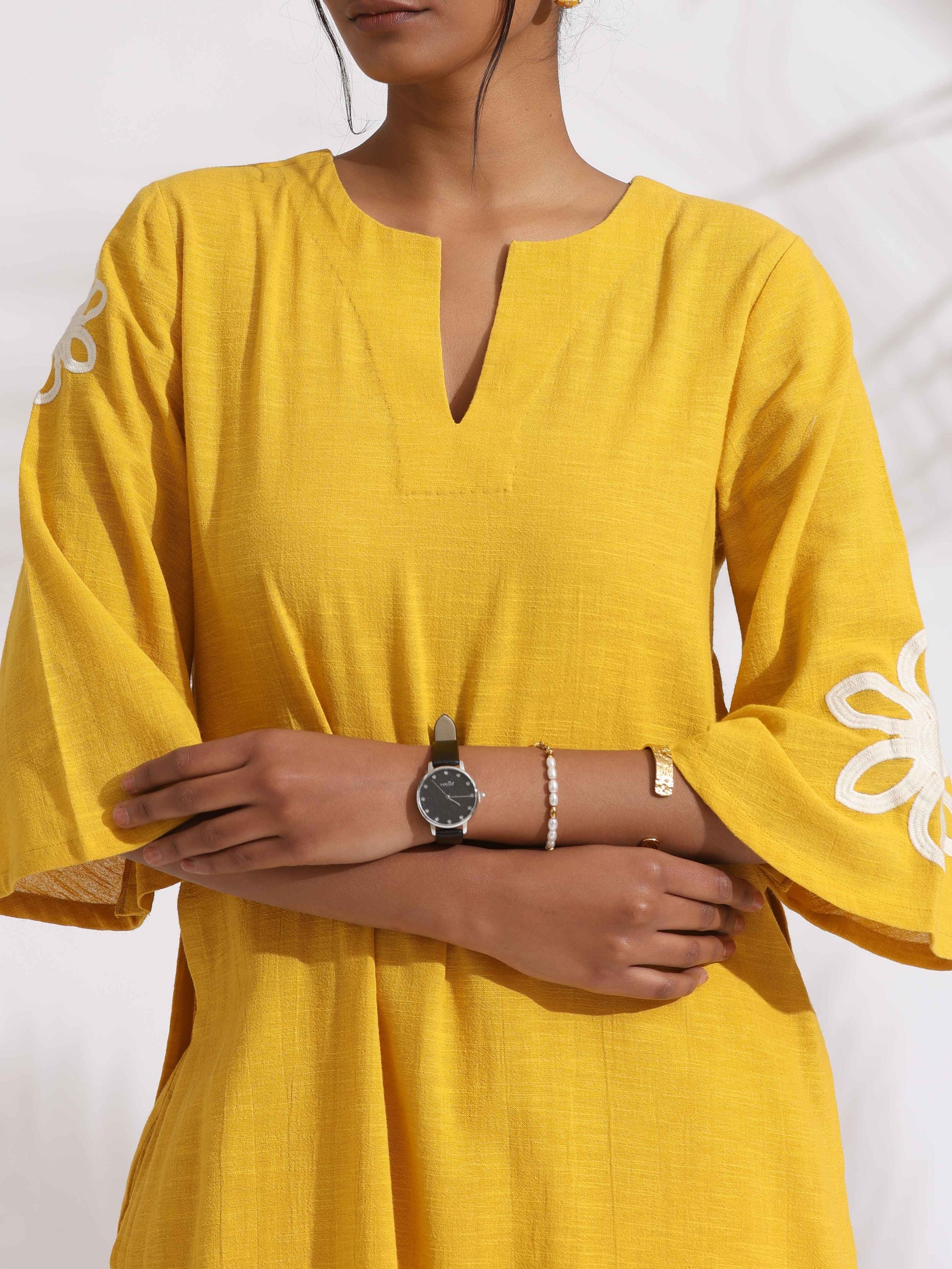 trueBrowns Yellow Cotton Slub Embroidered Straight Kurta Set | Swadesiicart